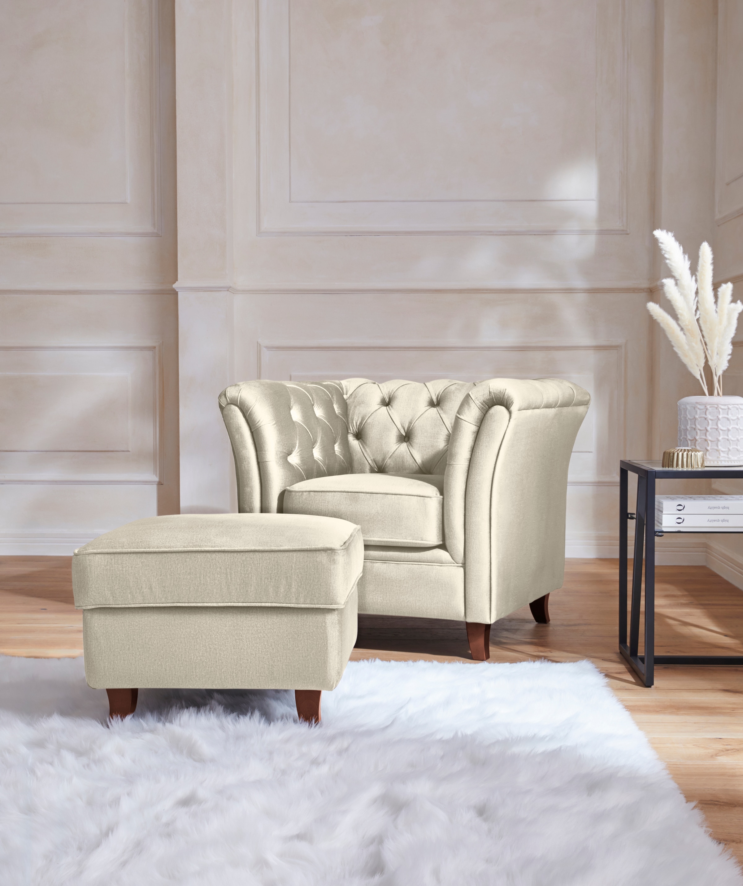Home affaire Polsterhocker »Reims« echte Chesterfield-Knopfheftung, Samtoptik mich changierender Optik