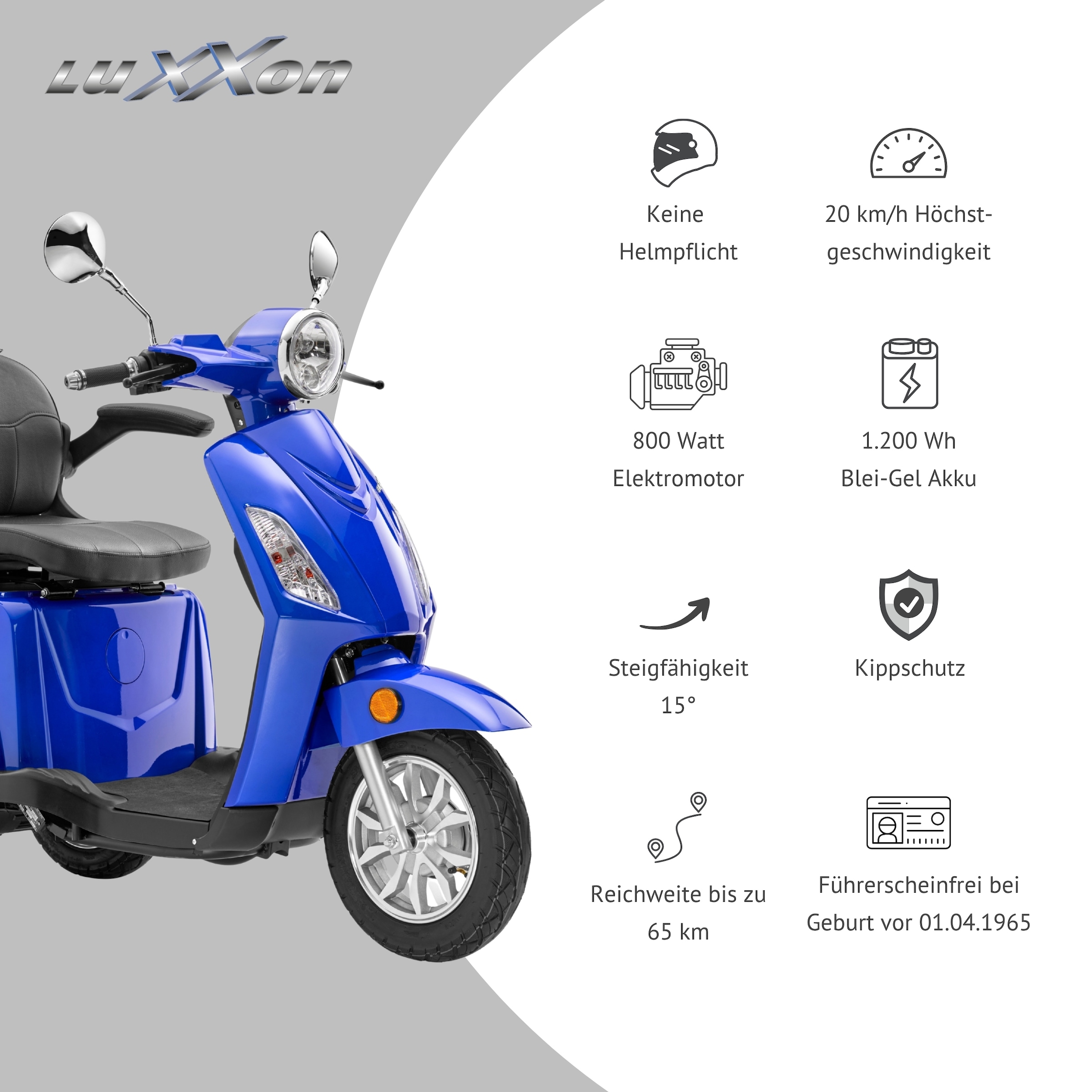 Luxxon Elektromobil »E3800« 800 W 20 km/h Elektroroller, Korb,  bis zu 65 km Reichweite, Elektro Dreirad, Seniorenmobil