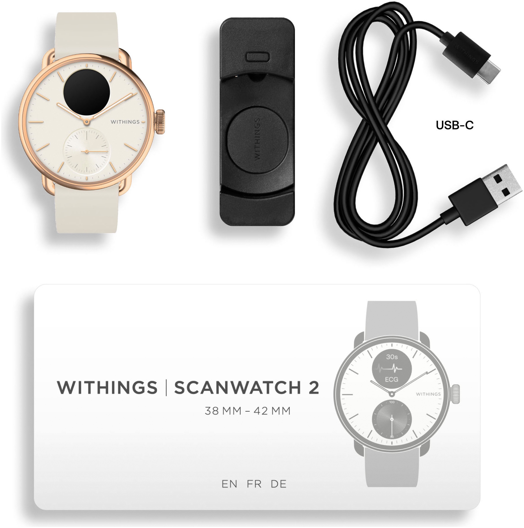 Withings Smartwatch »ScanWatch 2 38mm, hybrid, Akku bis 30 Tage, 50 M Wasserdicht«, HealthSense OS, Aktivitätstracking, Schlafüberwachung, Herzgesundheit, Temperatur uvm.