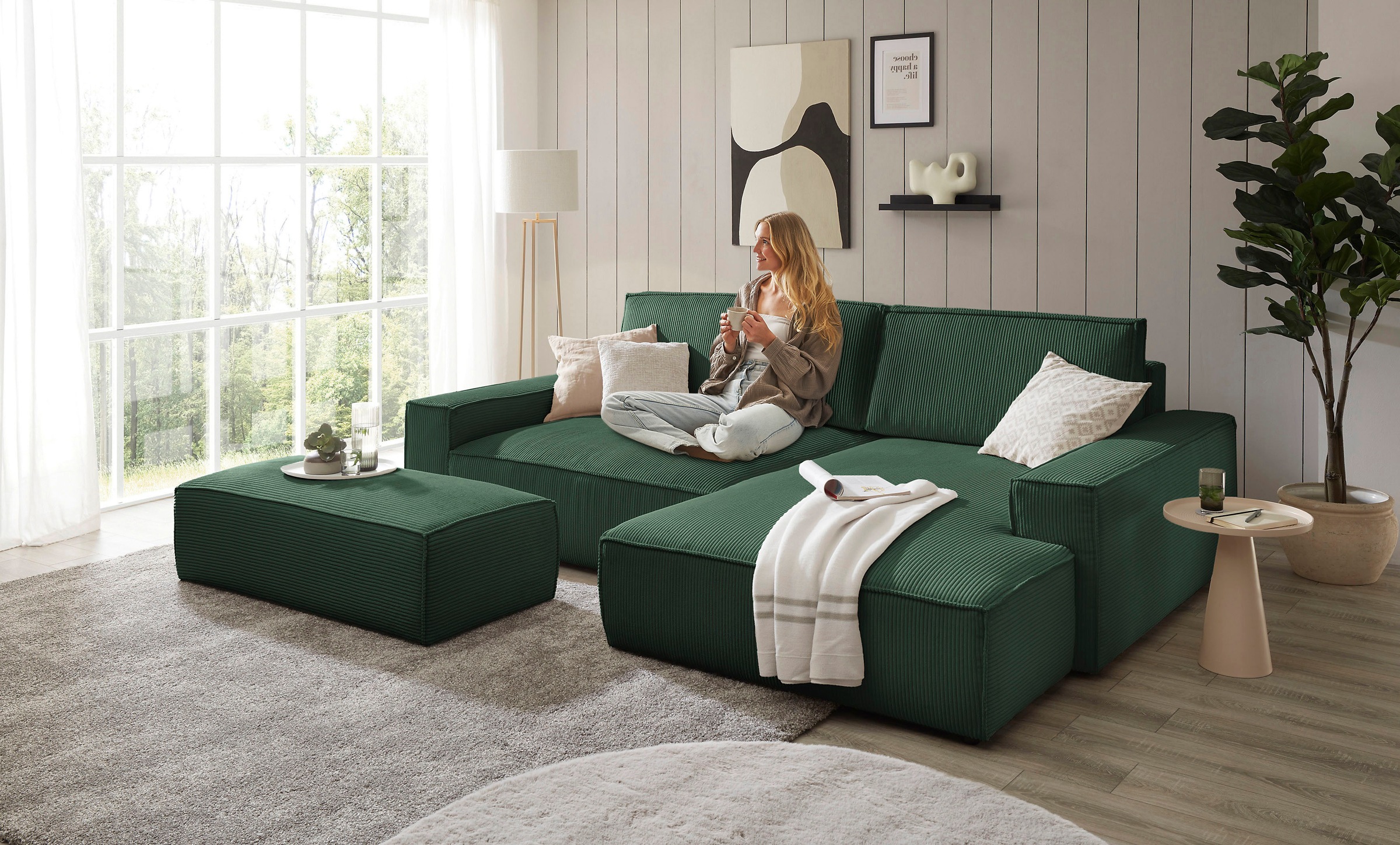 Home affaire Polsterecke »NEU: SHERWOOD XXL tief, L-Form mit Schlaffunktion, Big-Sofa mit Hocker«, (Set, 2 St.), stellbar zum Schlafsofa (Krokodilverbinder), Cord, Leinenoptik