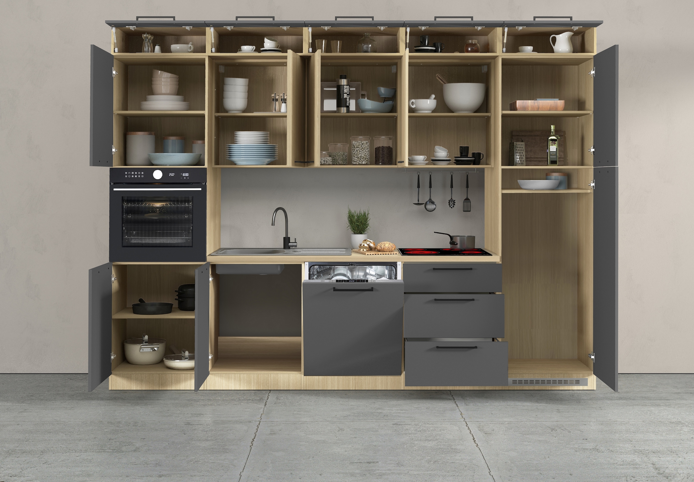 KOCHSTATION Küchenzeile »Luna, Einbauküche, Zeilenküche, mit Soft-Close Funktion, Made in Italy« Breite 300 cm ohne E-Geräte, mit Spüle+Siphon und Aufsatz