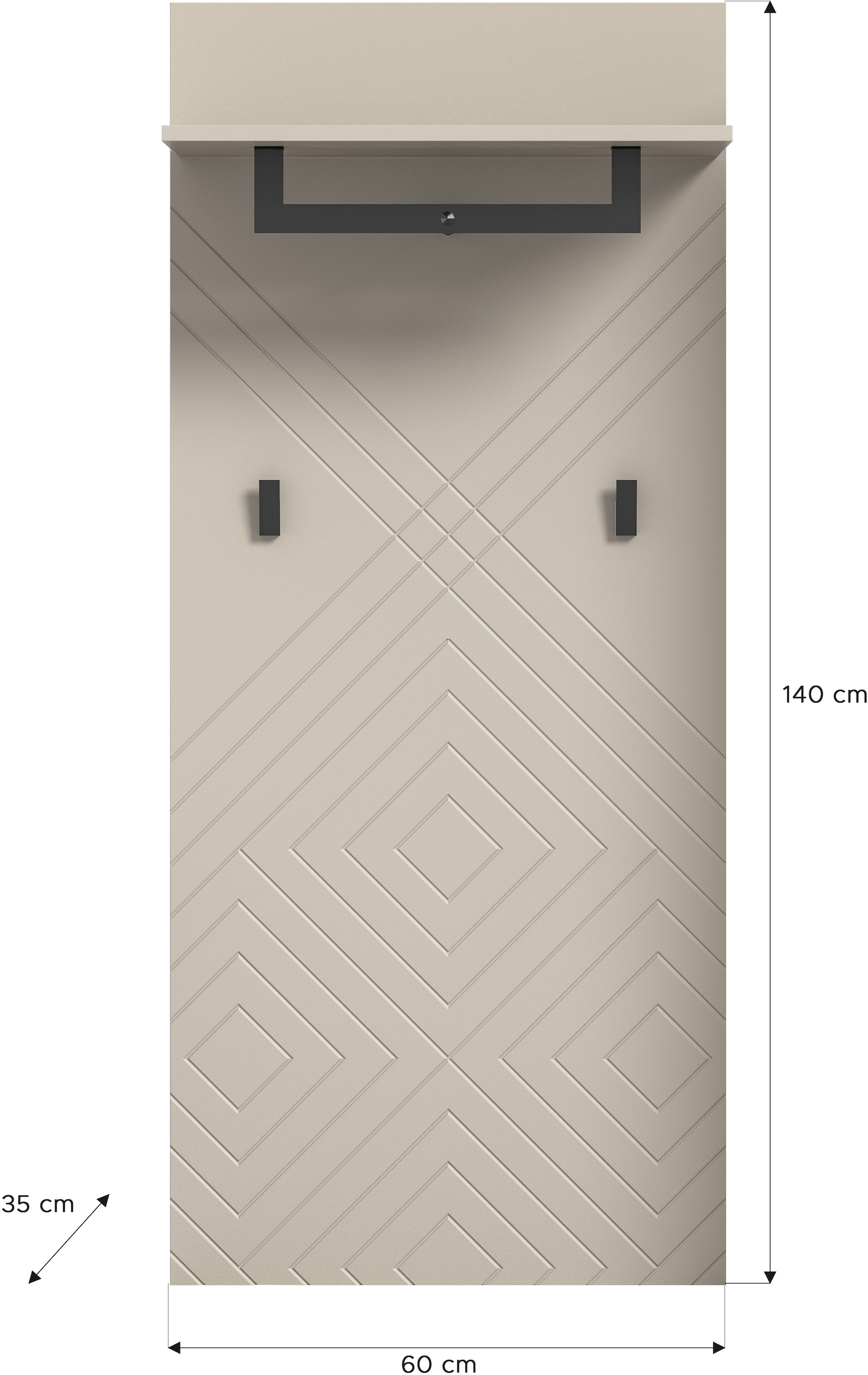 INOSIGN Garderobenpaneel »Mento, Höhe 140 cm, Paneelrückwand mit Ornamentfräsung«, (1 St.), 2 Haken & 1 Kleiderstange aus Metall, Paneel, Wandpaneel, Garderobe