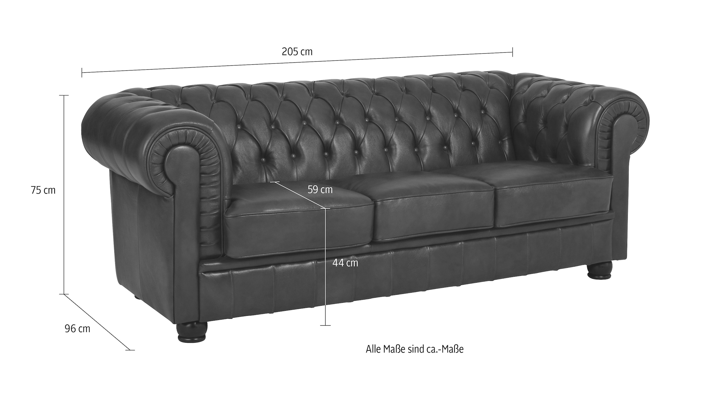 Max Winzer® Chesterfield-Sofa »Kent edel und bequem, tolle Detailverarbeitung, komfortable Armlehnen«, 3-Sitzer mit aufwendiger Knopfheftung, Breite 205 cm
