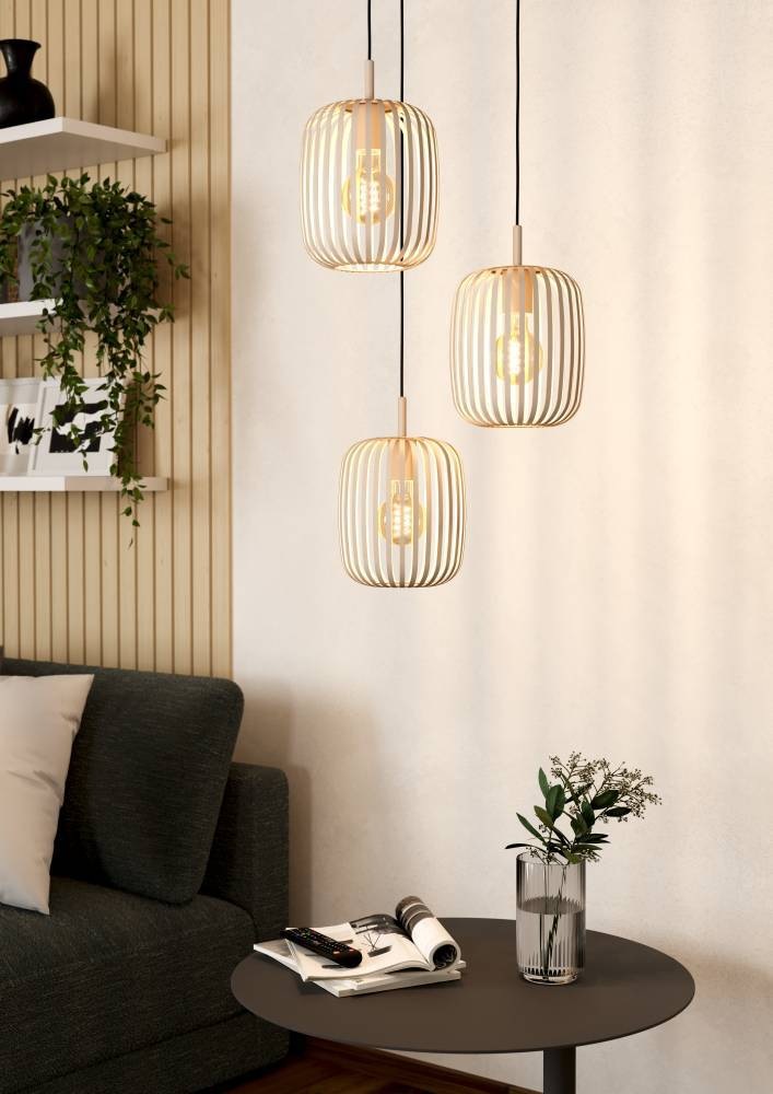 EGLO Hängeleuchte »ROMAZZINA Pendelleuchte, Esstischleuchte, sandfarben, Metall, E27«, 3 flammig, Leuchtmittel E27 | ohne Leuchtmittel, Hängelampe, Wohnzimmer, modern, ballonförmiger Lampenschirm, 110x46cm
