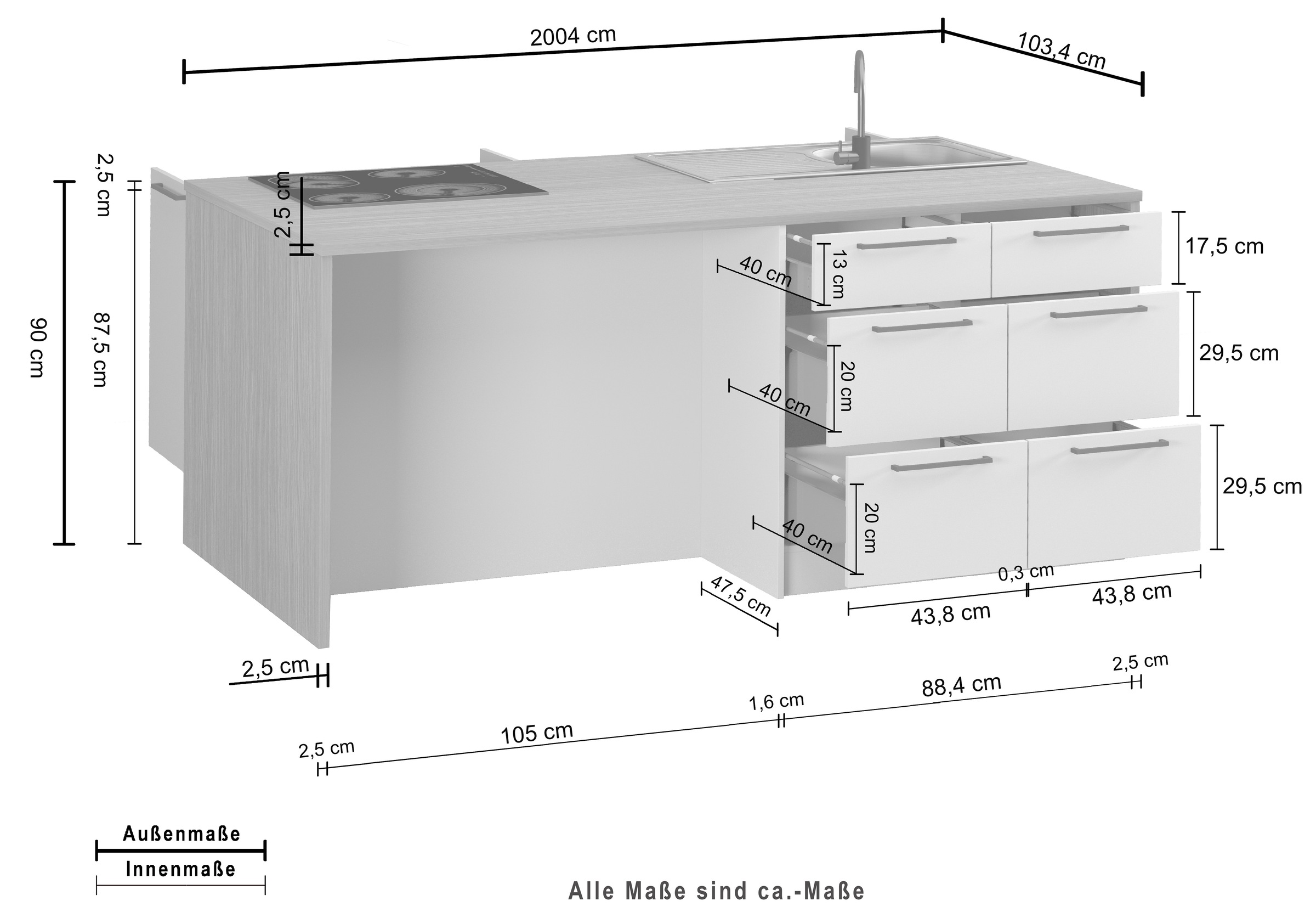 KOCHSTATION Kücheninsel »KS-Luna« Breite 200 cm, wahlweise mit Hanseatic-E-Geräten