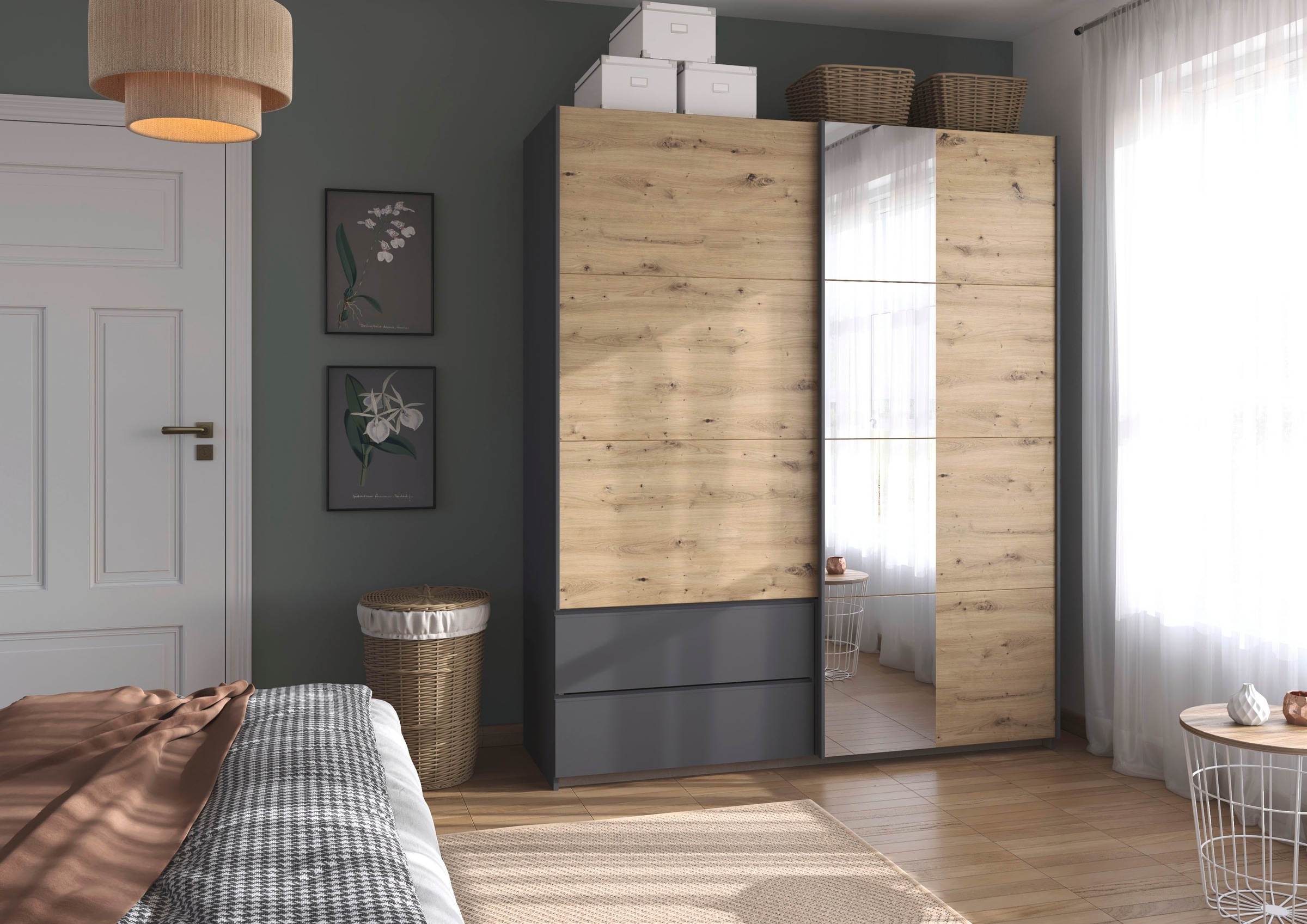 rauch Schwebetürenschrank »Kleiderschrank Schrank Garderobe Wäscheschrank SEVILLA mit Spiegel«, (in 3 verschiedenen Ausstattungen BASIC/CLASSIC/PREMIUM), Metall-Griffleisten alufarben oder Graumetallic MADE IN GERMANY