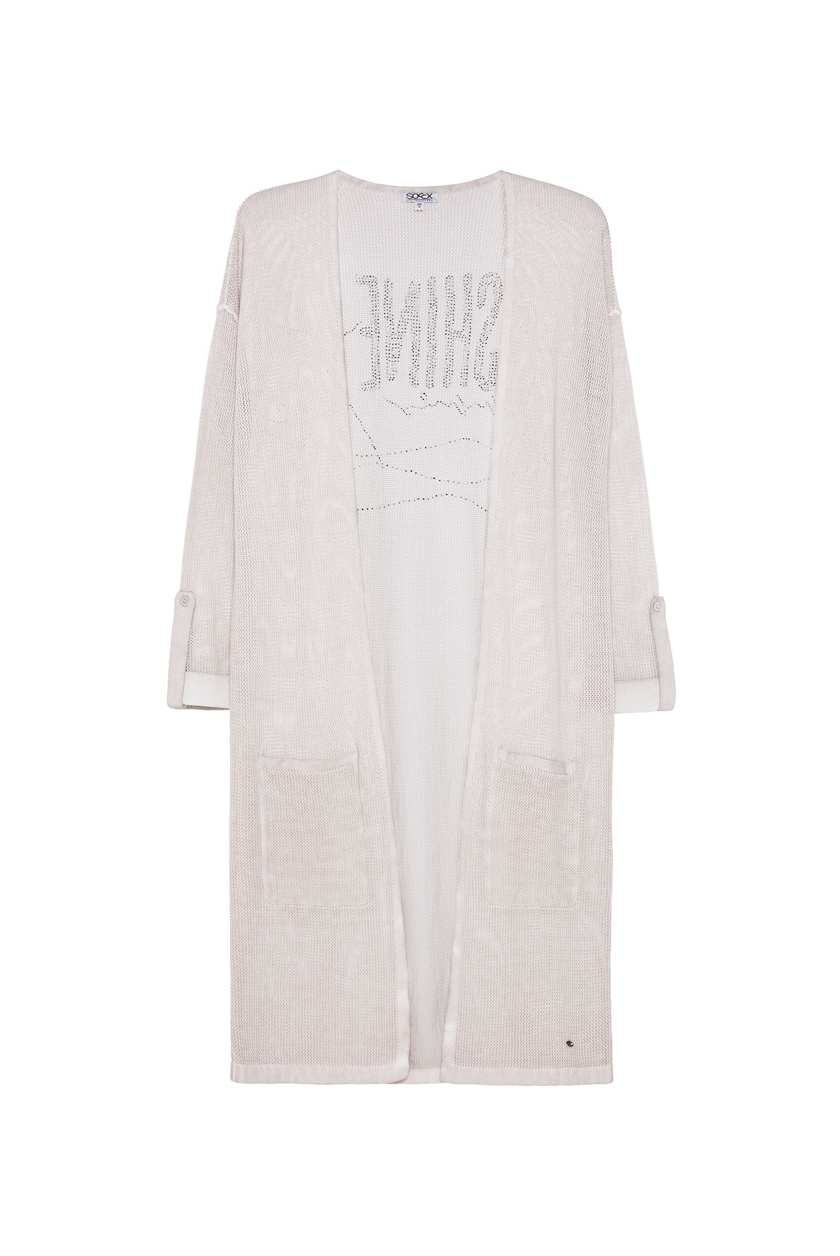 SOCCX Cardigan, mit Wording aus Glitzersteinchen auf dem Rücken