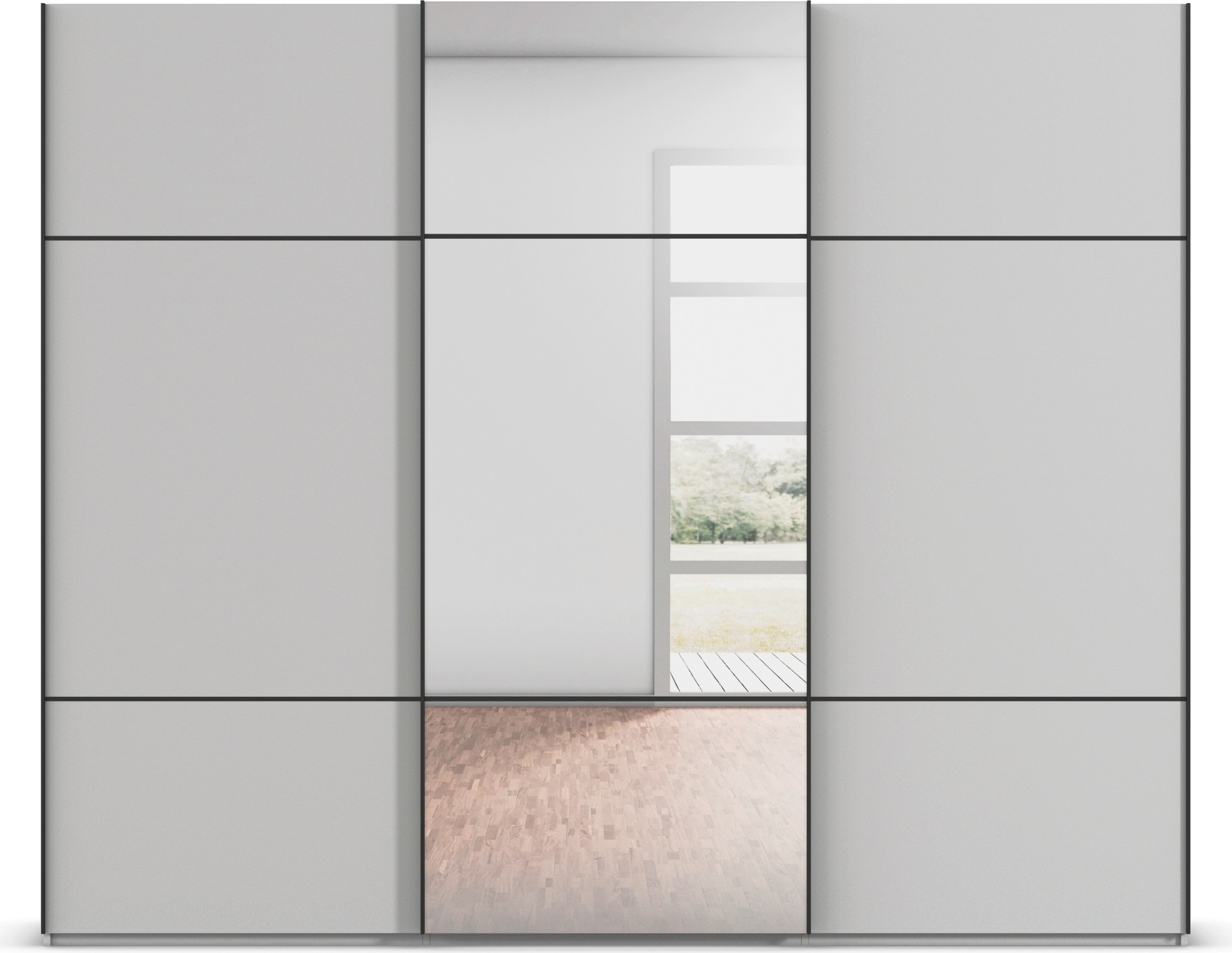 rauch Schwebetürenschrank »Kleiderschrank Schrank Garderobe Schlafzimmerschrank SCALE-TRIO«, edle dreigeteilte Front mit 2 Zierleisten und Spiegel MADE IN GERMANY