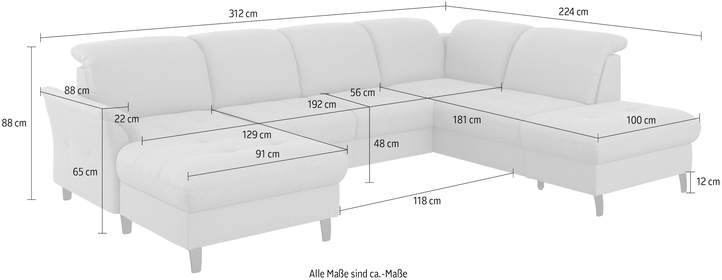 sit&more Wohnlandschaft »Maggiore U-Form«, wahlweise mit Kopfteilverstellung, Bettfunktion und Stauraum
