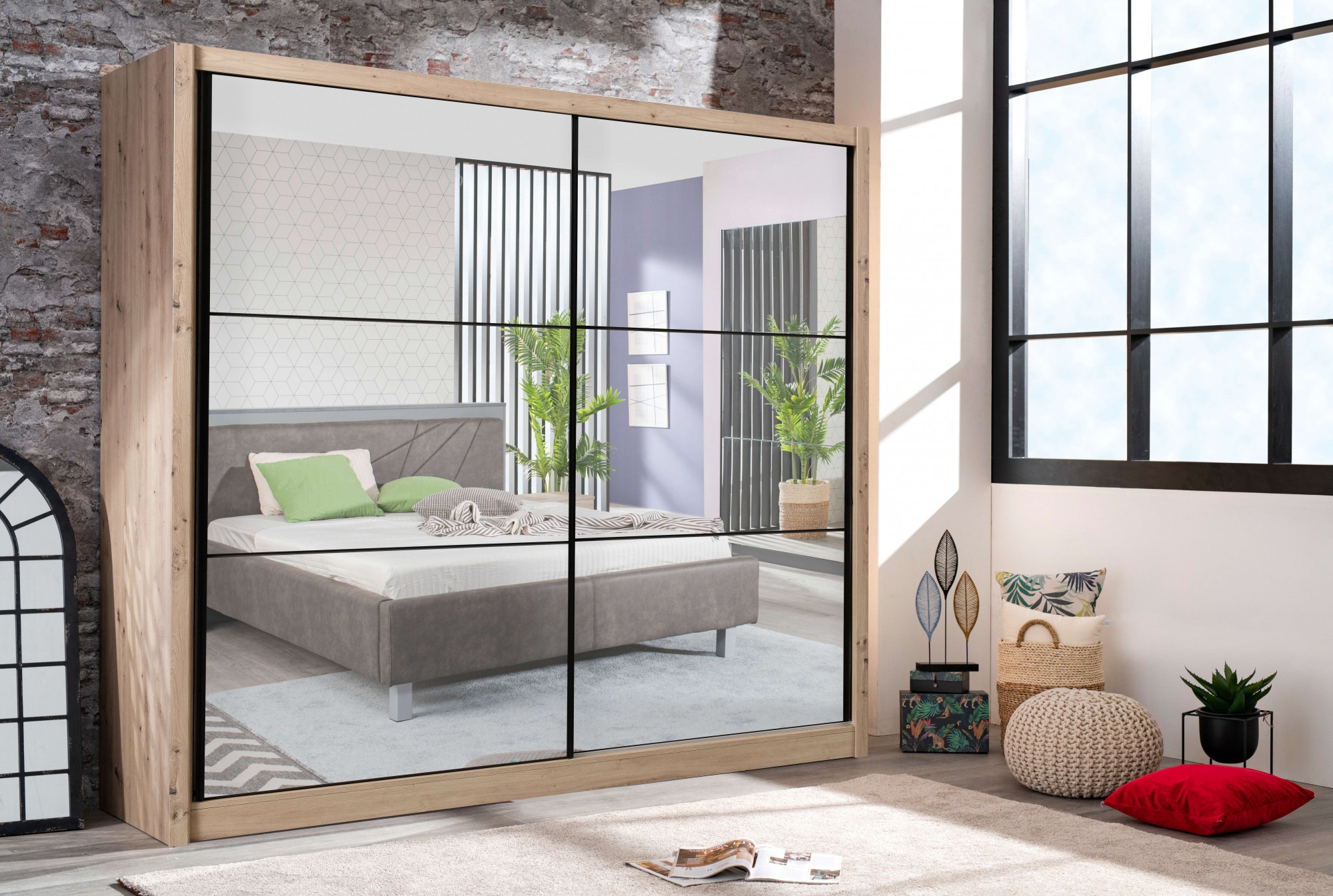 INOSIGN Schwebetürenschrank »Navara Kleiderschrank mit Spiegel Wäscheschrank«, mit kompletter Spiegelfront, FSC®-zertifiziert, 213,5x215,5x61cm