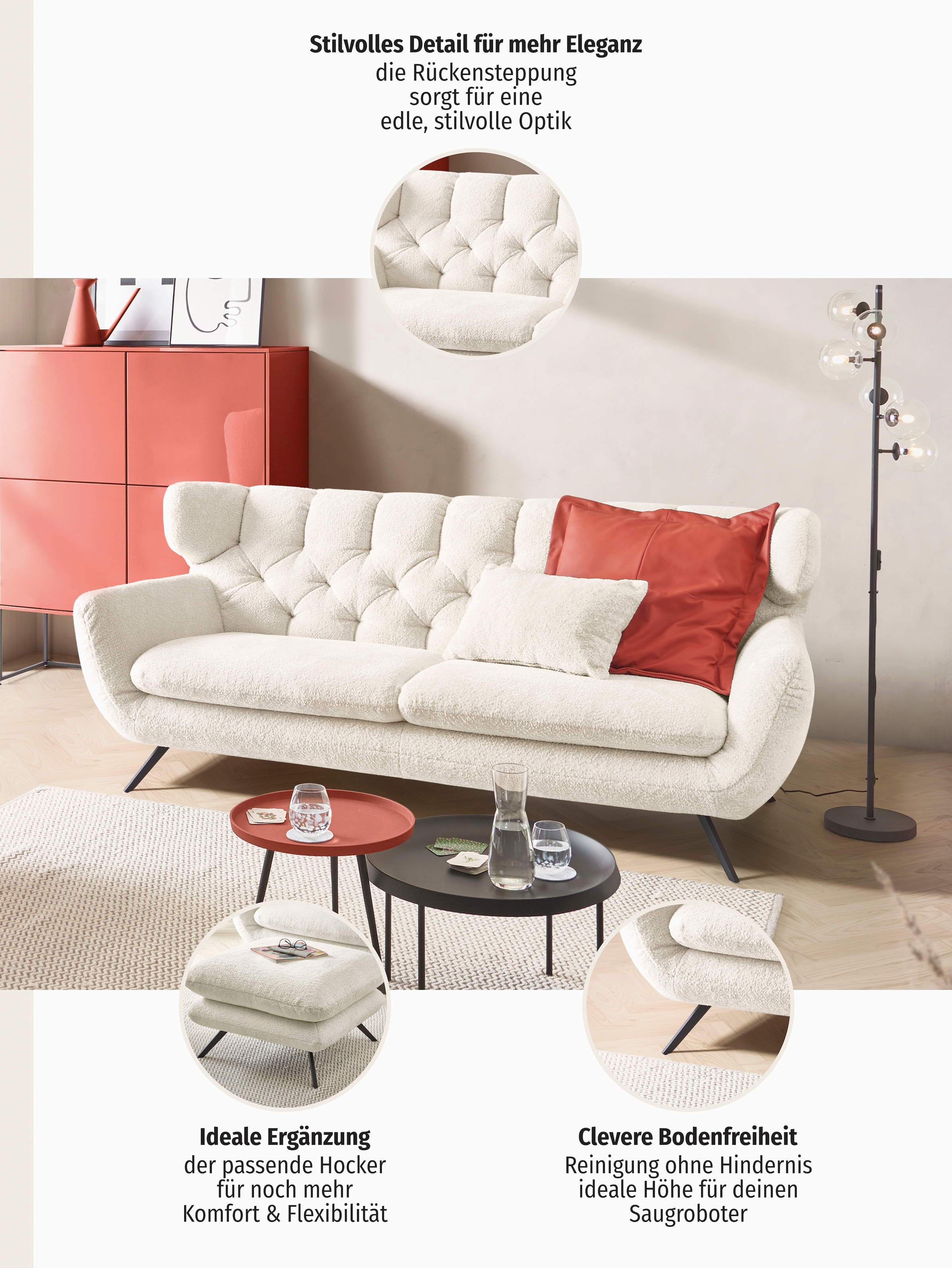 3C Candy 3-Sitzer »Beatrice, extravagantes Megasofa, bequem, Küchensofa« mit Rückensteppung im Rautenmuster, Samt Optik, auch in Fellimitat