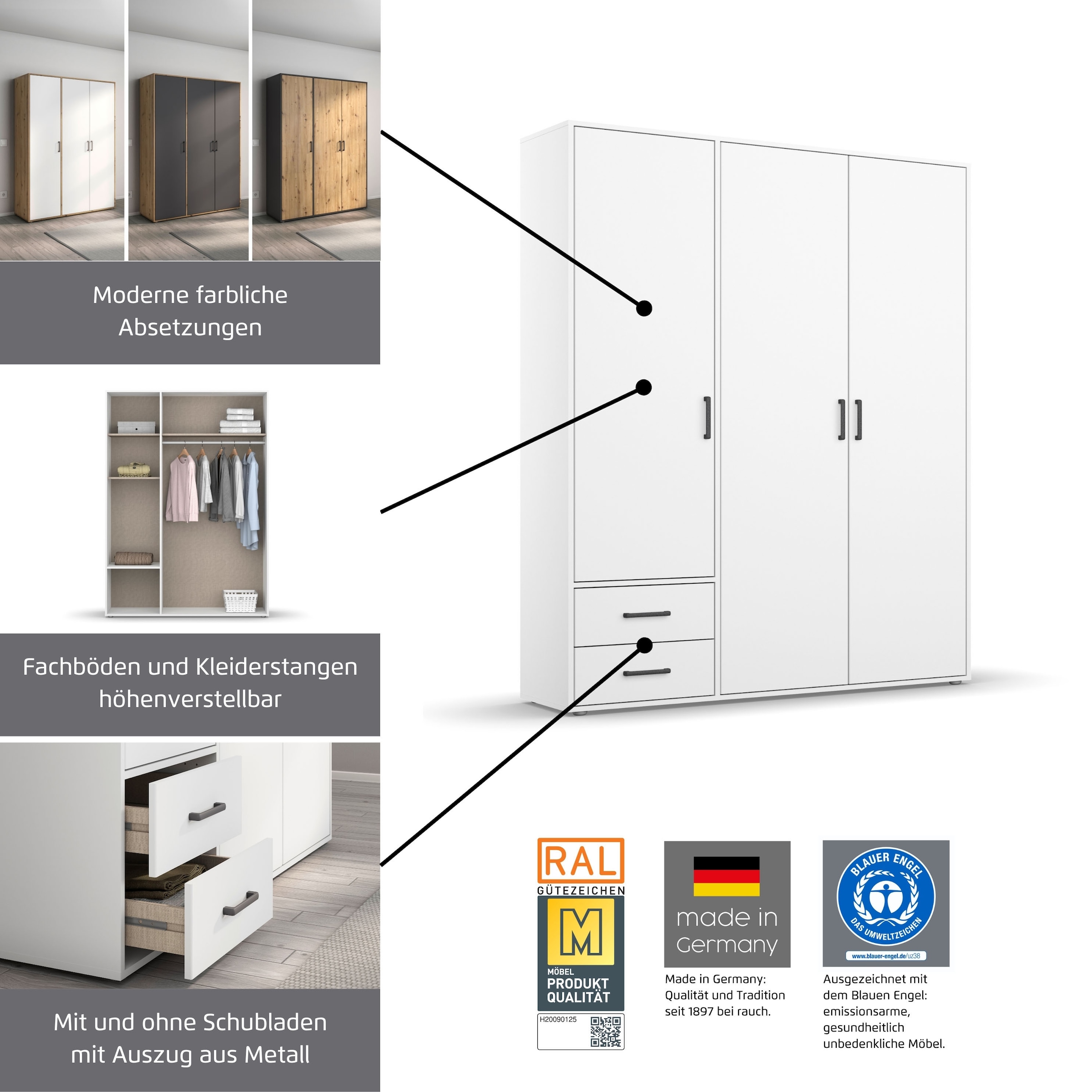 rauch Drehtürenschrank »Kleiderschrank Schrank Garderobe Wäscheschrank VOYAGER« in 3 verschiedenen Ausstattungen BASIC/CLASSIC/PREMIUM,  mit modernen Griffen in Graumetallic und Spiegel