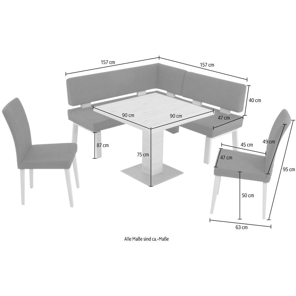 K+W Komfort & Wohnen Eckbankgruppe »Santos I«, gleichschenklig 157cm, zwei 4-Fußholzstühle und Tisch 90x90cm, Eiche