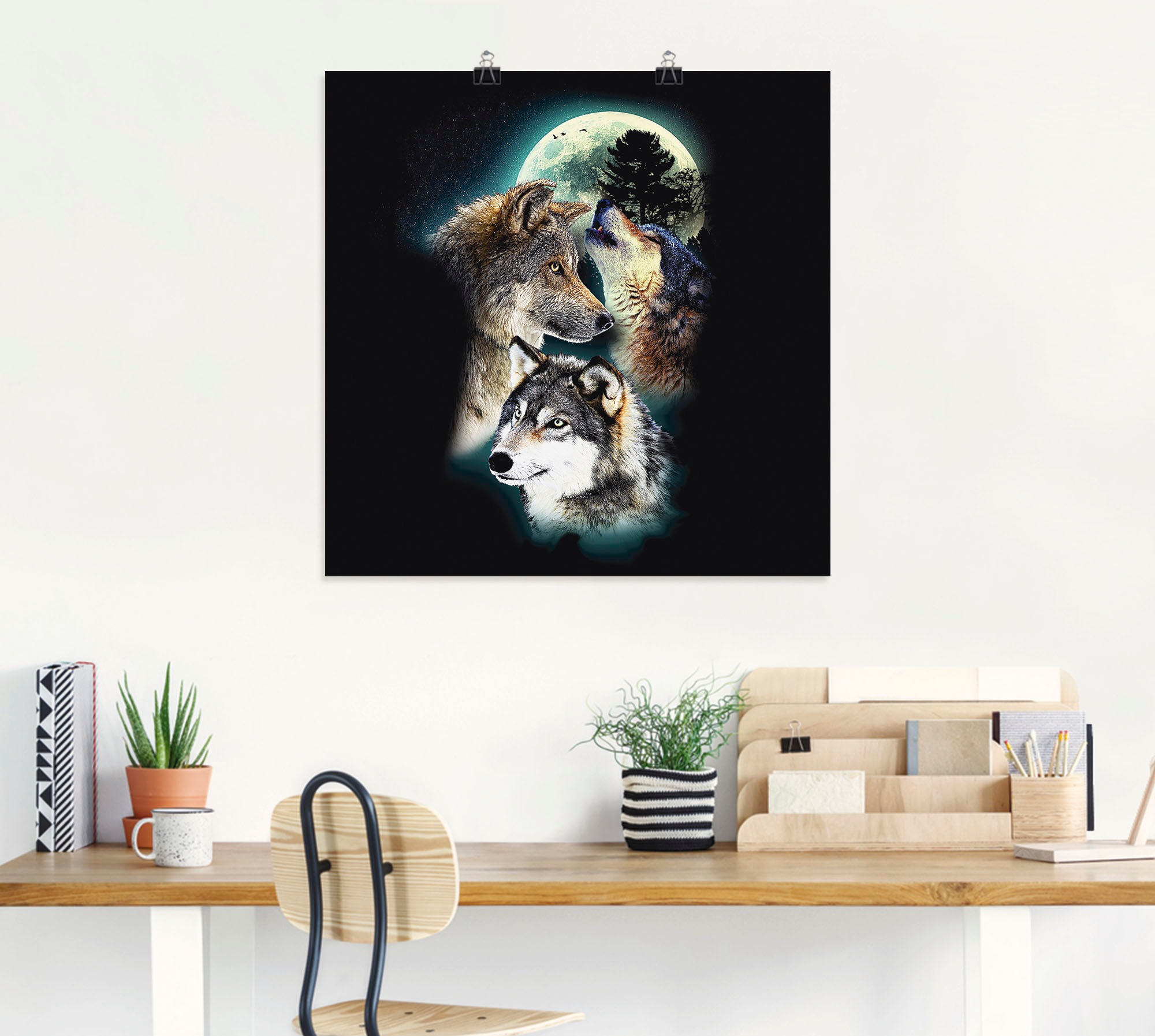 Artland Wandbild »Phantasie Wolf Wölfe mit Mond«, Wildtiere, (1 St.), als L günstig online kaufen