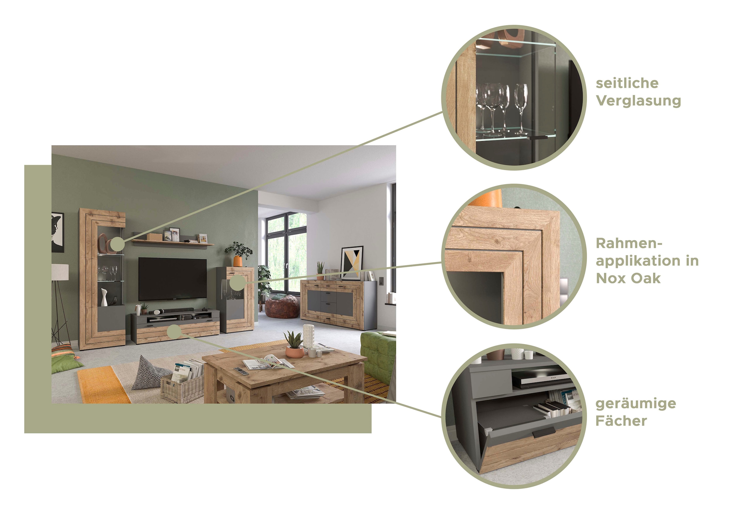 INOSIGN Highboard »Aalborg, Höhe 117cm, 2 Glastüren, 6 Fächer, 2-farbig, Metallgriffe«, Anrichte, Schrank, Kommode, Midischrank, Wohnmöbel, Wohnzimmer