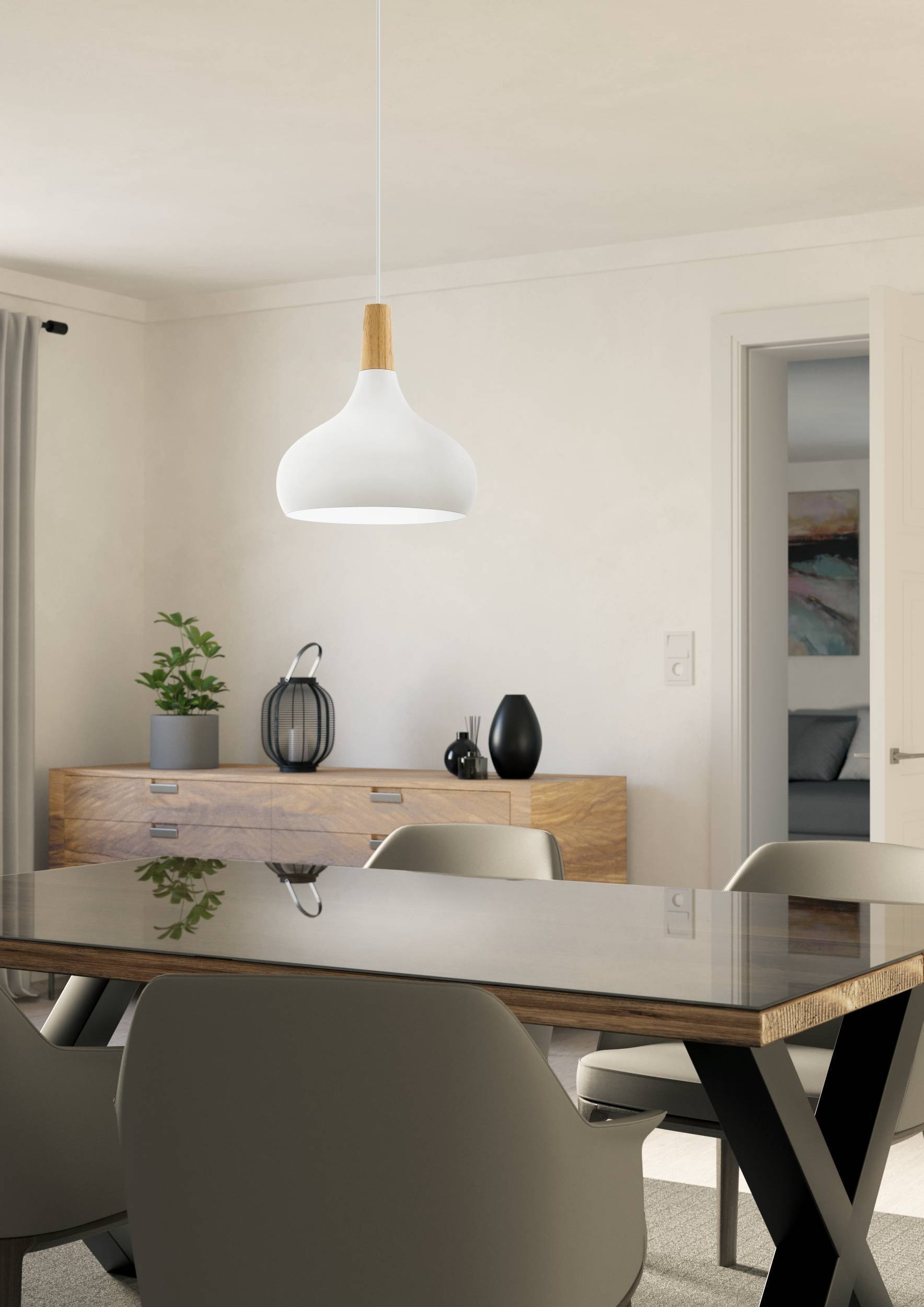 EGLO Hängeleuchte »Sabinar Pendellampe, Hängelampe, Stahl und Holz, E27, Esszimmerlampe« E27 1 Stk. Hängeleuchte - H110 x Ø28 cm - weiß - 1X40W exkl.