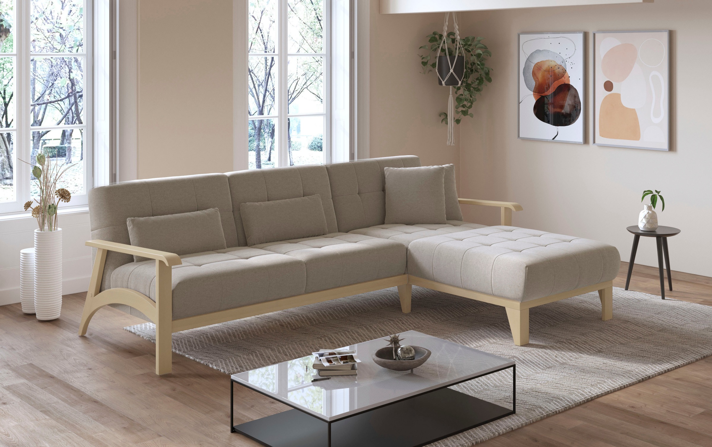 sit&more Ecksofa »Billund L-Form«, Armlehnen aus Buchenholz in natur, verschiedene Bezüge und Farben