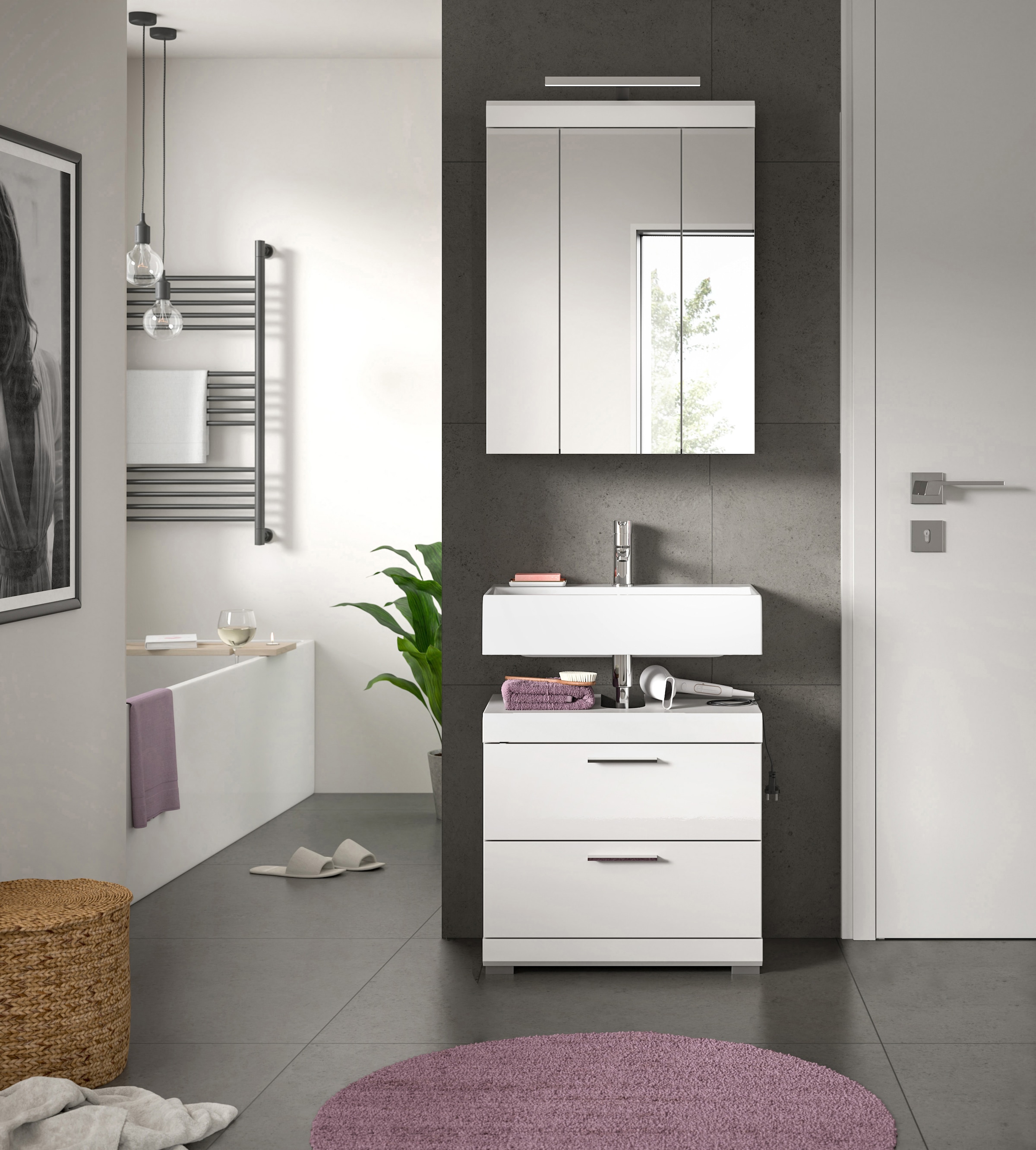 INOSIGN Badmöbel-Set »Siena, 2 teilig, inklusive LED Beleuchtung, bestehend aus:«, (Set), Waschbeckenunterschrank, Spiegelschrank, LED Badaufsatzleuchte
