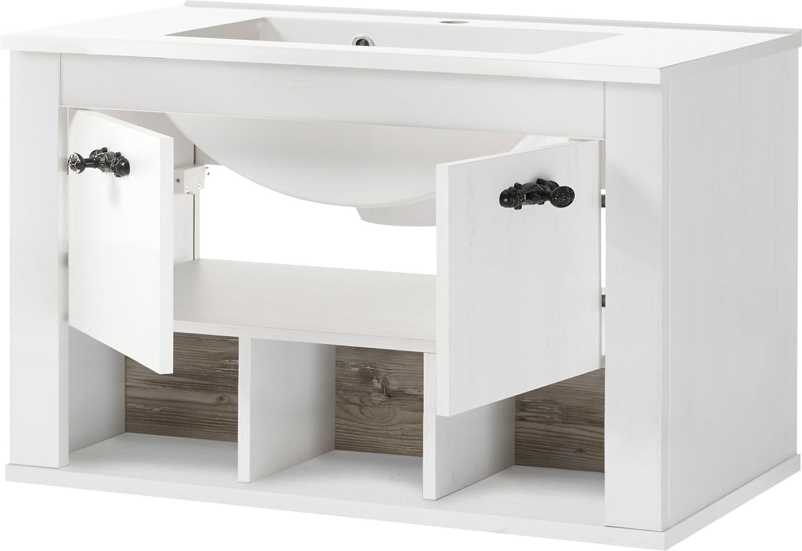 Home affaire Badmöbel-Set »Florenz, Bad im Landhausstil, 4-teiliges Badezimmer«, (4 St.), Hänge-Waschtisch, Schrank, Wandboard und Spiegel, in Pinie Weiß