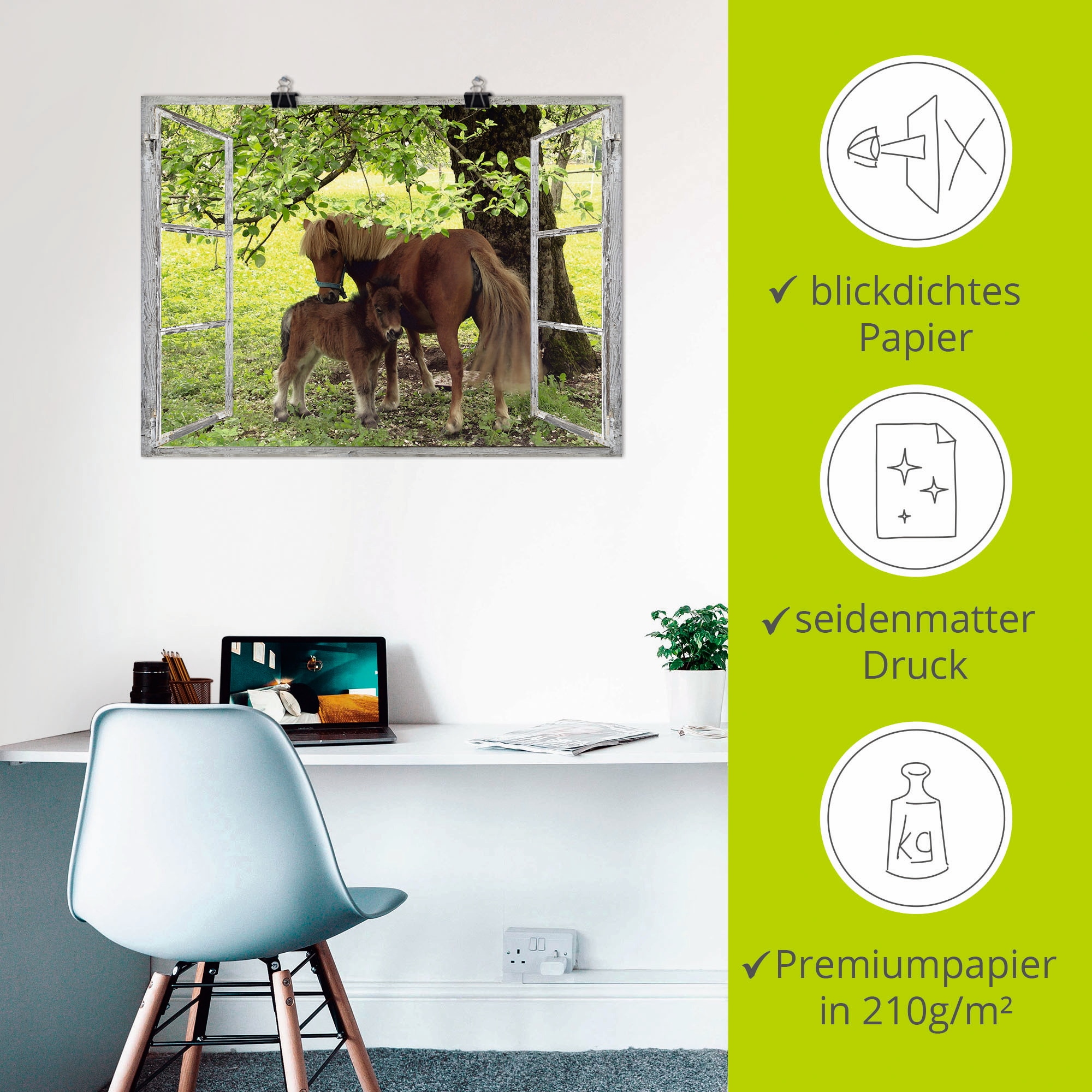 Artland Wandbild »Fensterblick - Pony mit Kind«, Haustiere, (1 St.), als Leinwandbild, Poster, Wandaufkleber in verschied. Größen
