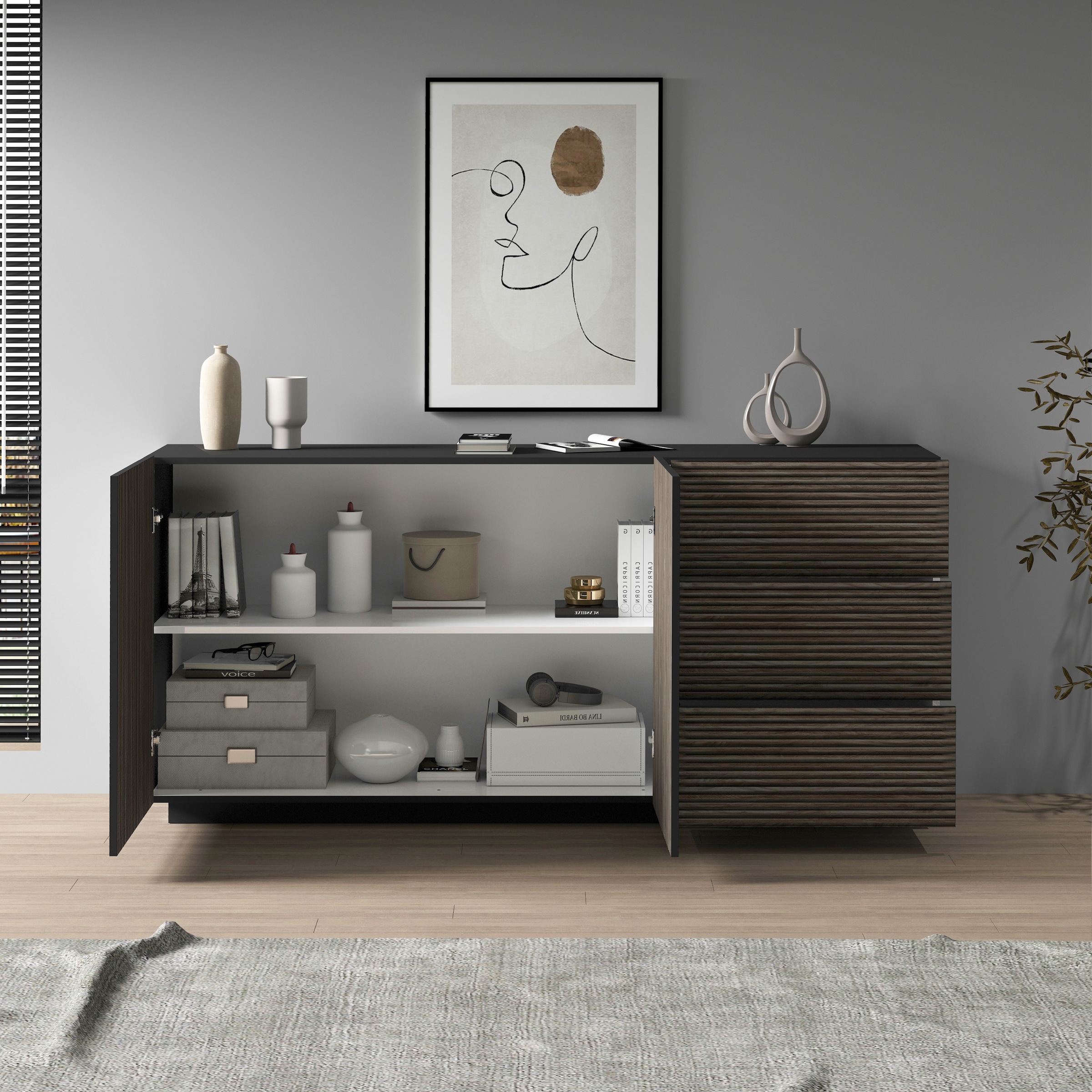 INOSIGN Sideboard »Vega Sideboard,Kommode,180 cm«, mit 2 Türen und 3 Schubladen,Fronten mit Rillen-Optik