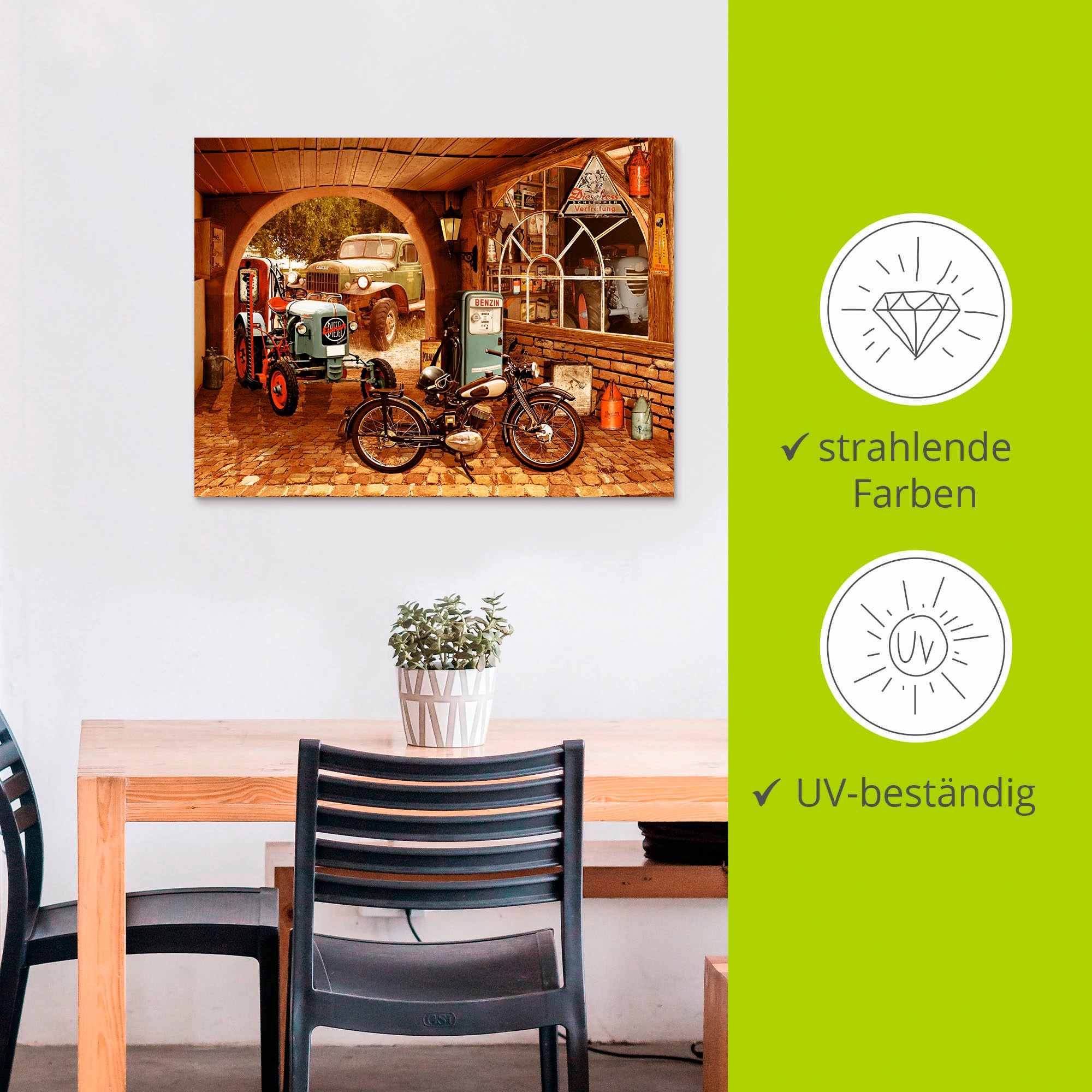 Artland Wandbild »Werkstatt mit Traktor und Motorrad«, Traktoren, (1 St.), als Alubild, Outdoorbild, Leinwandbild, Wandaufkleber, versch. Größen