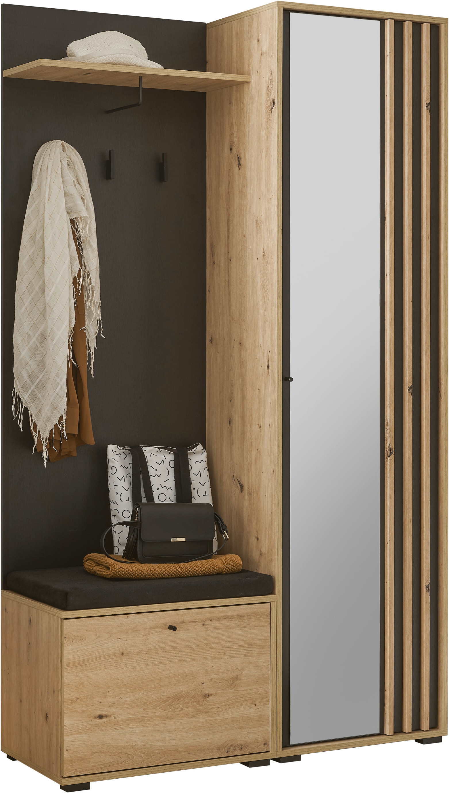 HBZ Kompaktgarderobe »Volano in schwarz Eiche Artisan, BxHxT 114x197x40 cm«, (1 St.), Mit Schubkästen und Türen mit Softclose