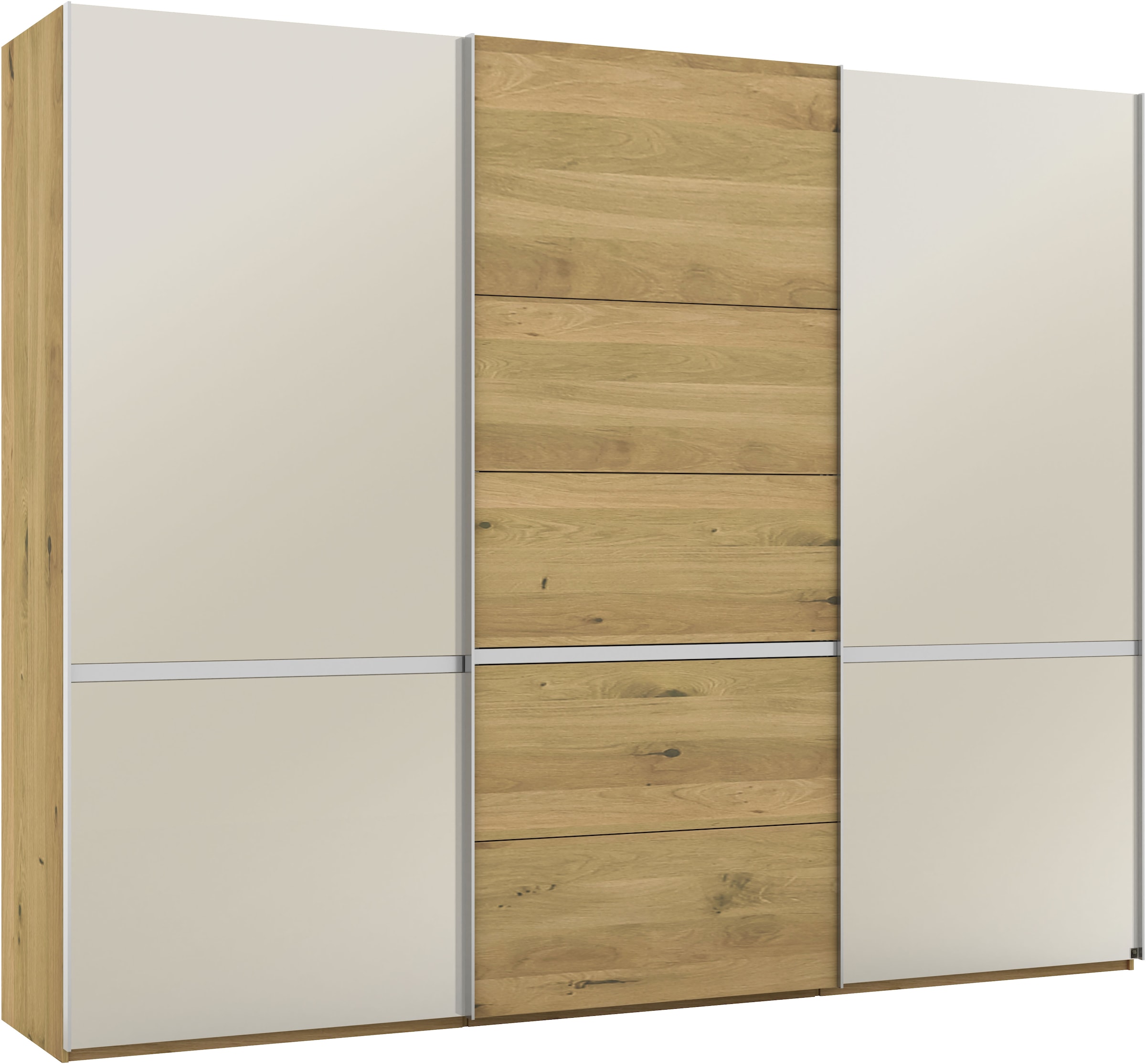 Musterring Schwebetürenschrank »Savona, Kleiderschrank, Schrank, Garderobe, mit Schiebetüren«, (Teilmassiv Bianco-Eiche, mit Spiegel oder Glas, MADE IN GERMANY), Türen Bianco-Eiche massiv, Spiegel-/Glastüren, eingelegte Chromleiste