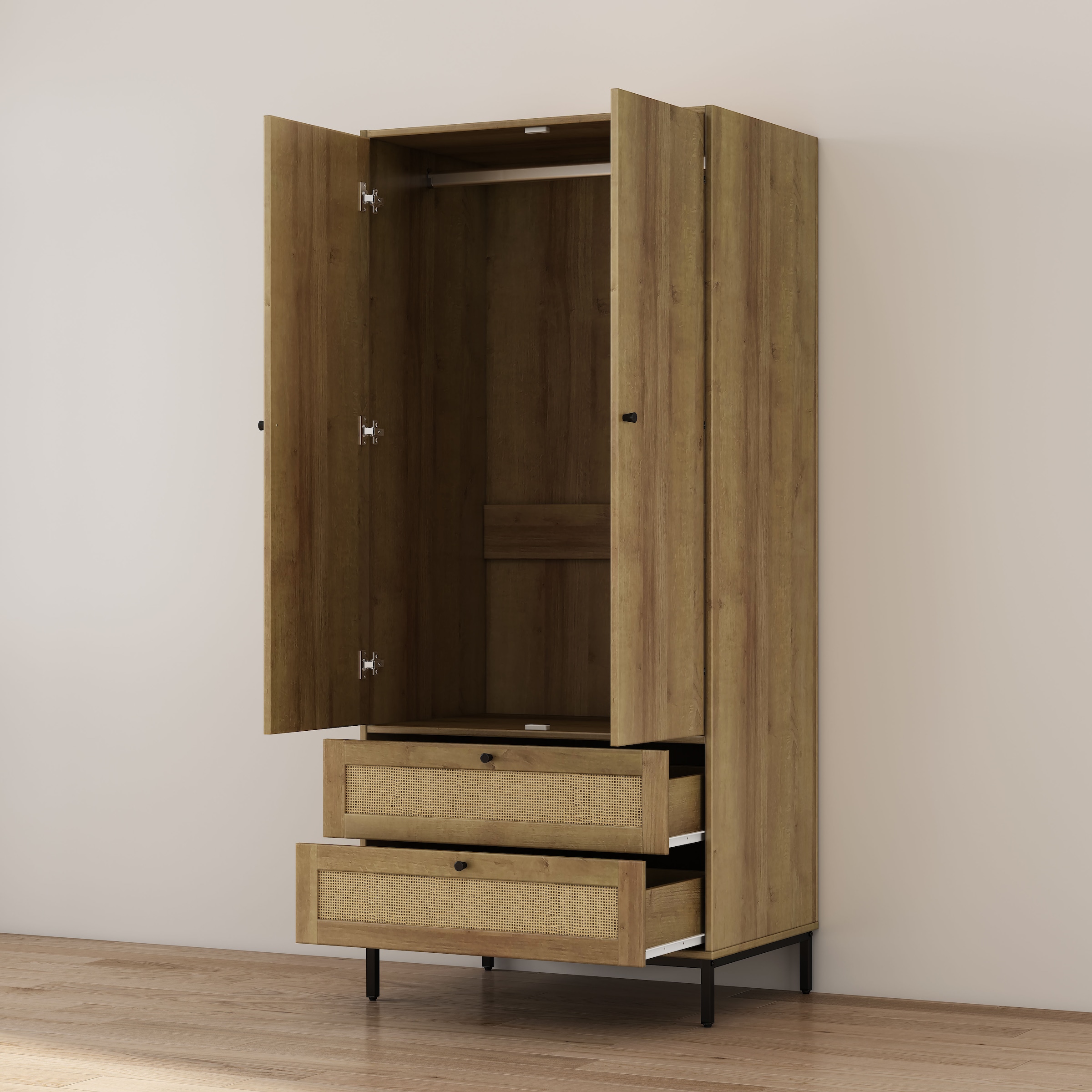 OTTO home Kleiderschrank »Motala Schlafzimmerschrank Garderobe Boho Eichen-Design Bestseller« Moderne schwarze Griffe, Schublade mit Geflecht, 