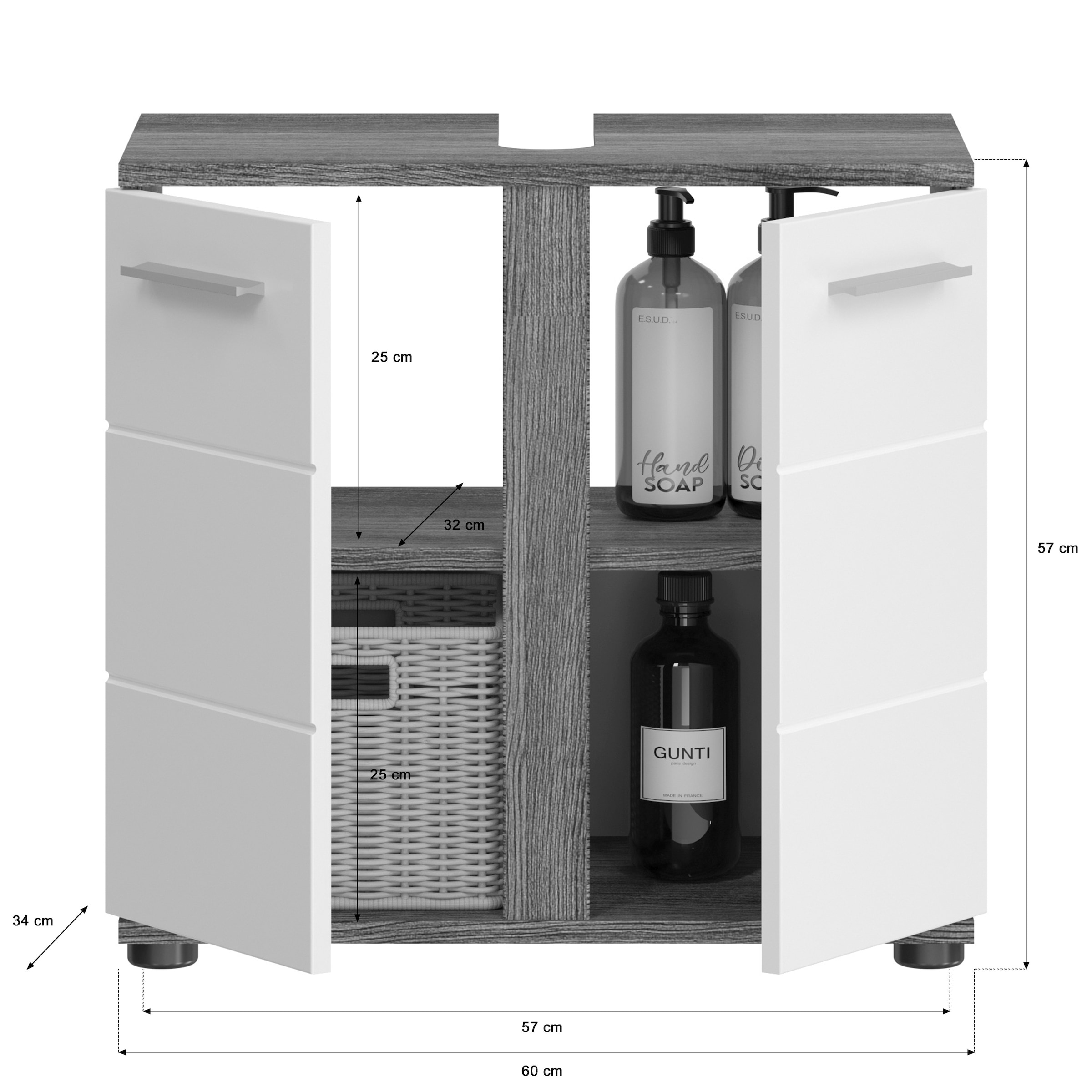 welltime Waschbeckenunterschrank »LUCCA, TOPSELLER!, Breite 60cm, 2 Türen, 2 Fächer,mit Siphonausschnitt«, MDF-Front, Badmöbel, Badschrank, Schrank, Kommode, Bad, Badezimmer