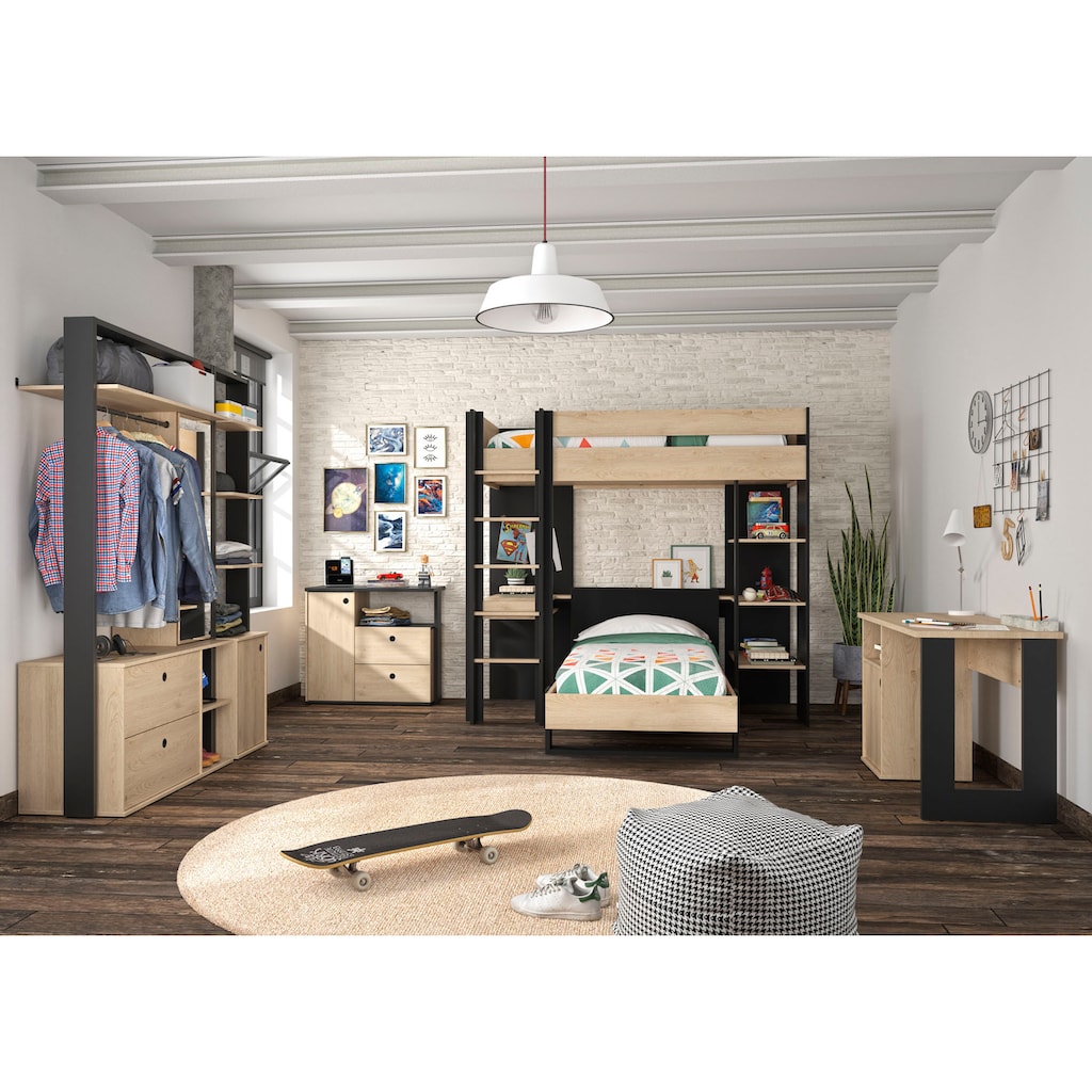 Gami Jugendzimmer-Set »Duplex«, (6 St., Bett, 2x offenes Schranksystem, Schreibtisch, Kommode, Hochbett)