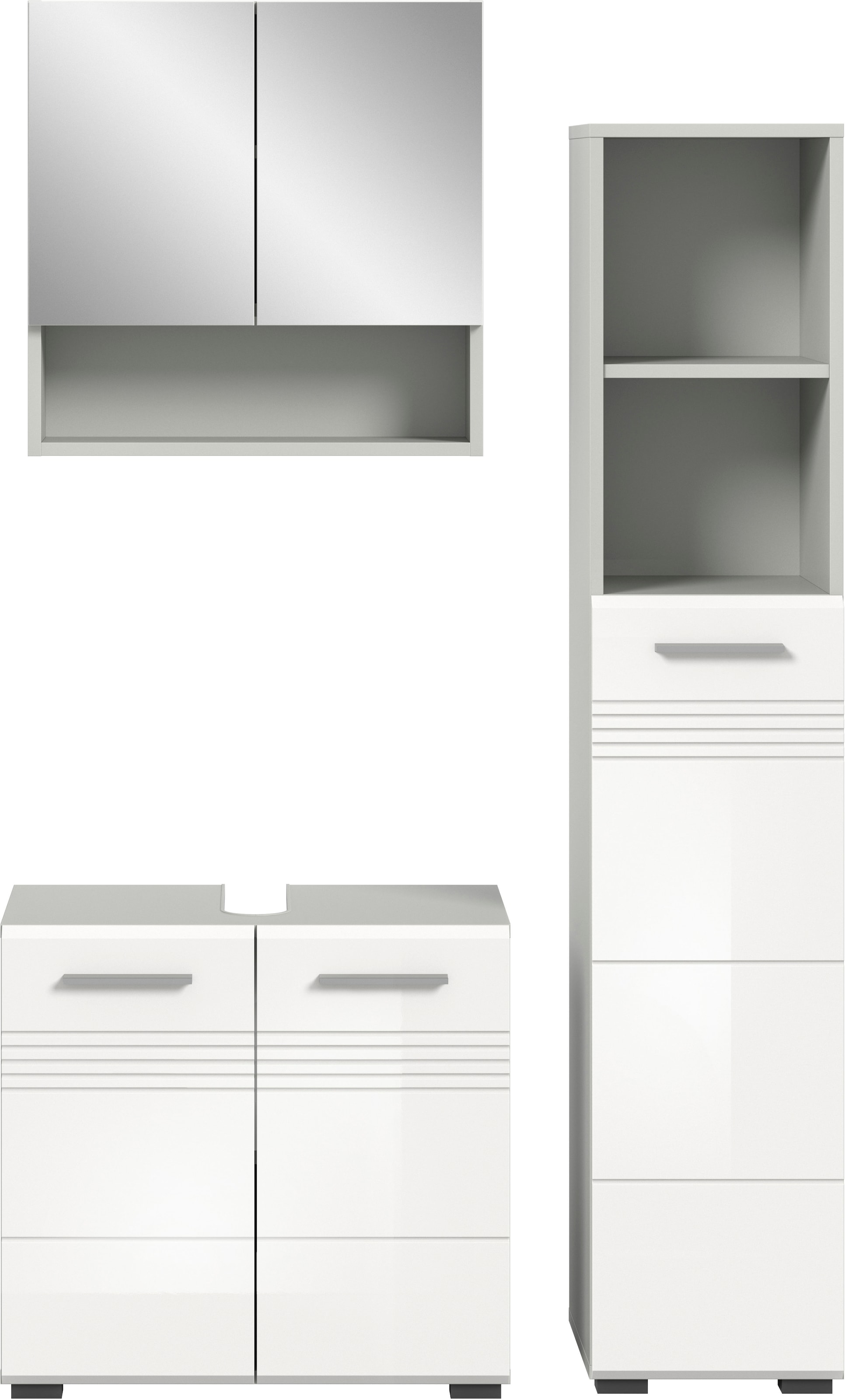 welltime Badmöbel-Set »Calicio, bestehend aus: Waschbeckenunterschrank, Spiegelschrank,«, (3 St.), Hochschrank, hochwertige MDF Front mit Rillenfräsung
