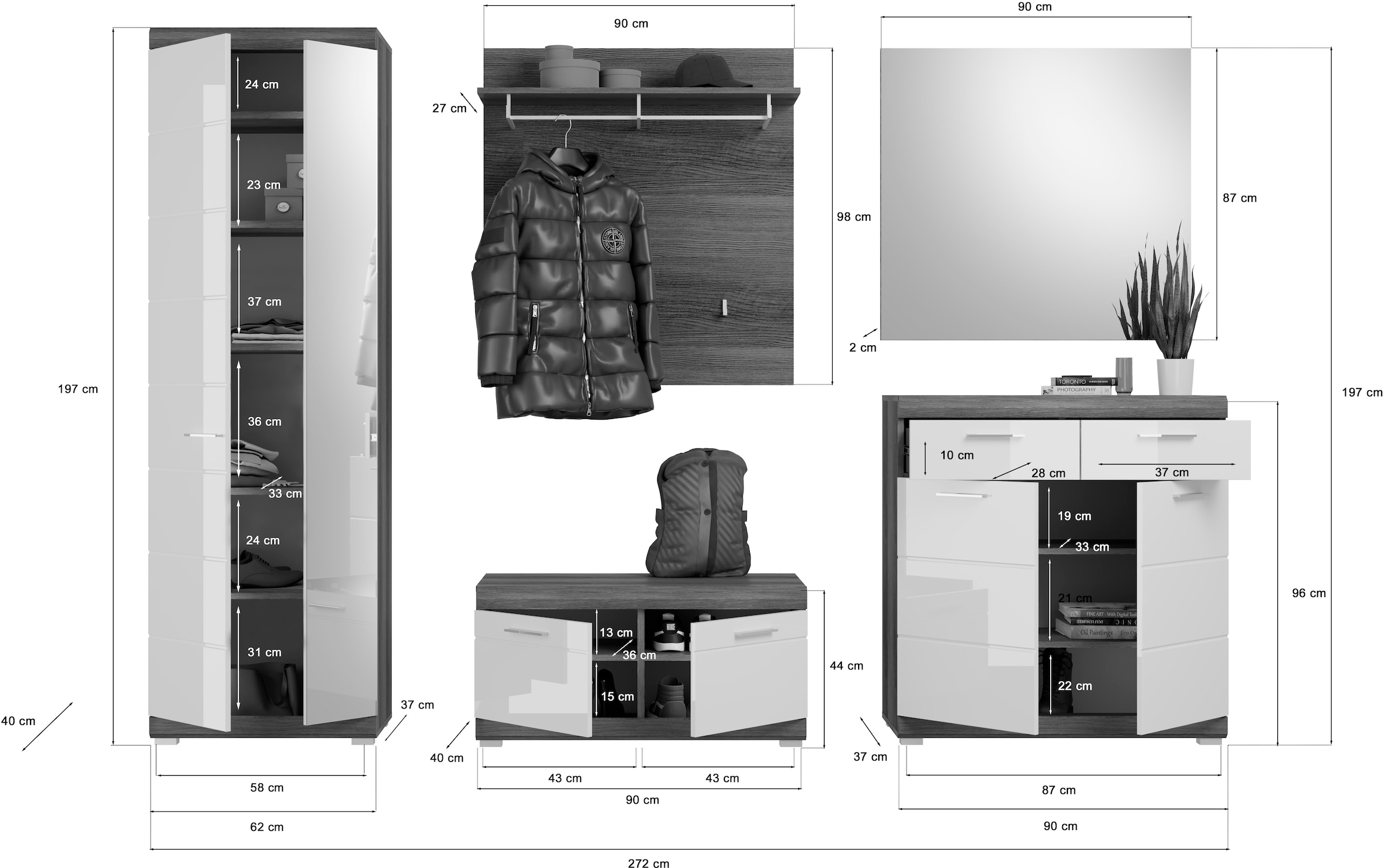 INOSIGN Garderoben-Set »Siena, Fronten mit hochwertiger Rillenfräsung, 5-teilig,bestehend aus:«, (3 St.), Garderobenschrank, Sitzbank, Garderobenpaneel, Schuhschrank, Spiegel
