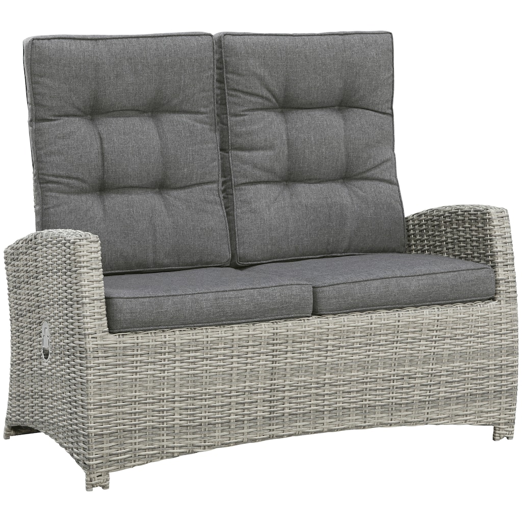 KONIFERA Garten-Essgruppe »Monaco«, (Set, 16 tlg., 1x2er Sofa, 2x Sessel, 2x Hocker, 1x Tisch 120x70x66cm, inkl. Auflagen)