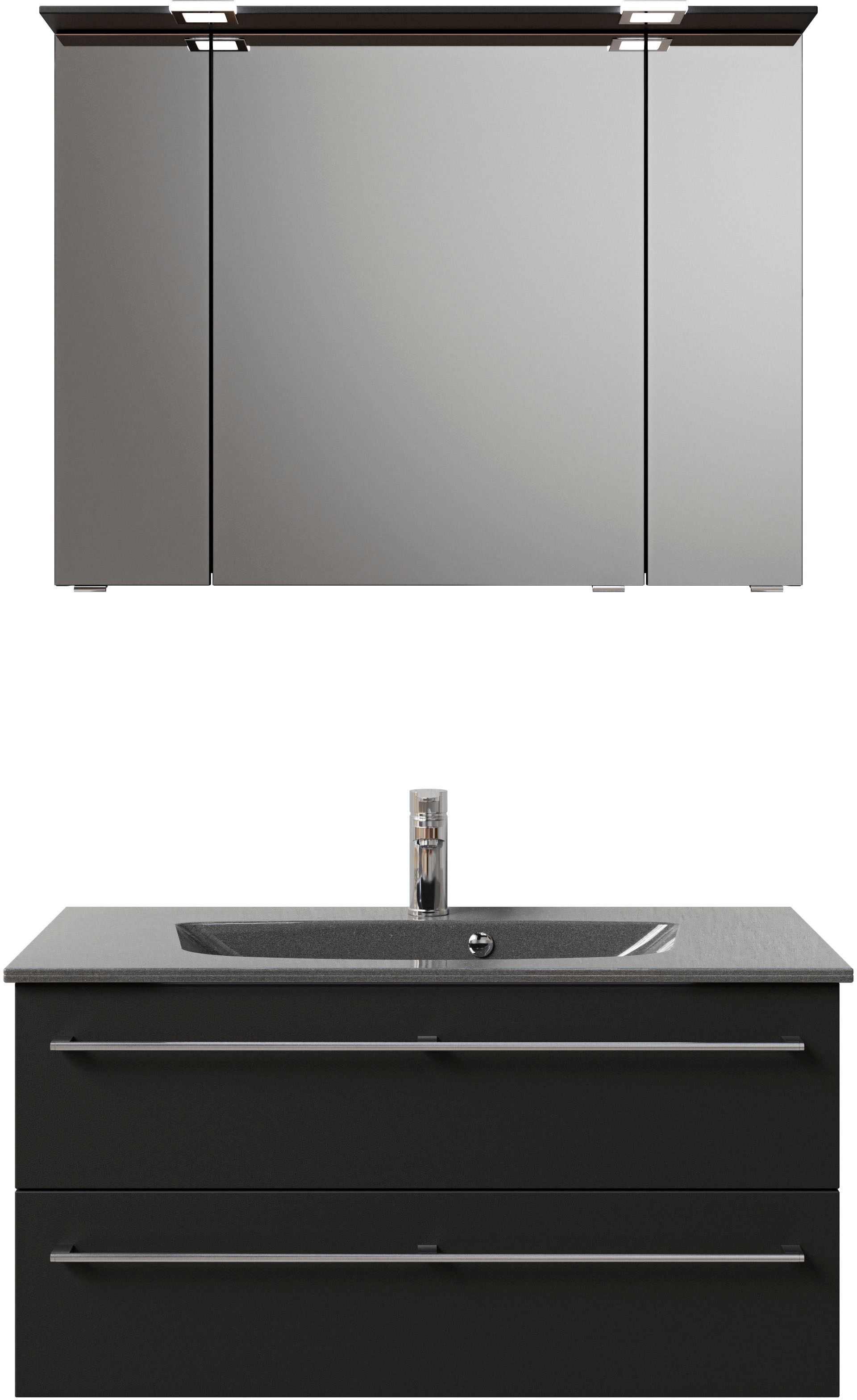 Saphir Badmöbel-Set »Serie 6025 2-teilig Mineralmarmor-Waschtisch mit LED-Spiegelschrank«, (2 St.), Waschplatz 97 cm breit, 2 Schubladen, 3 Spiegel-Türen, inkl Türdämpfer
