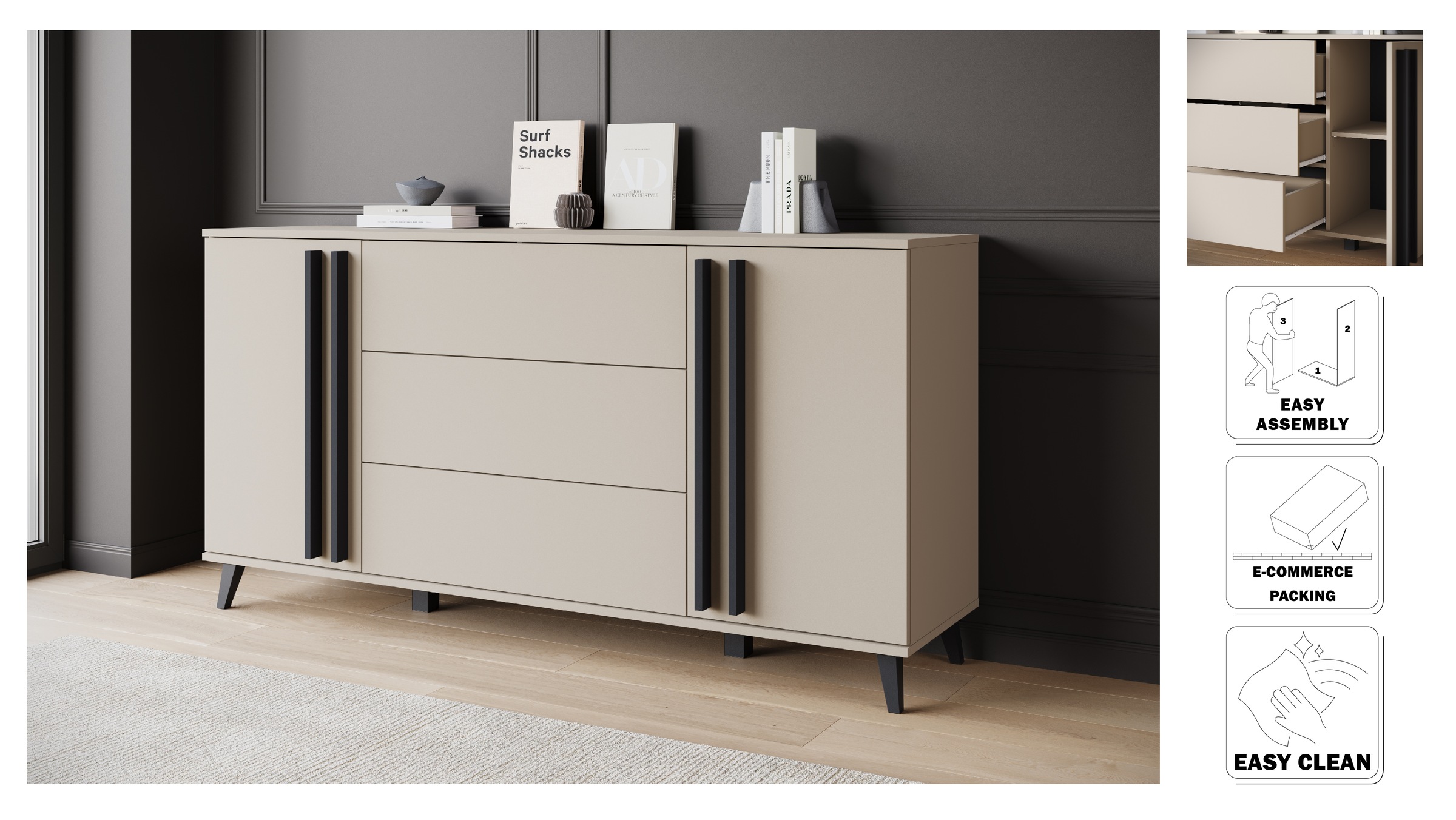 INOSIGN Sideboard »Helsinki, Kommode mit 2 Türen und 3 Schubladen, Breite 150 cm«, (1 St.), Push-to-Open-Schubladen, höhenverstellbare Einlegeböden