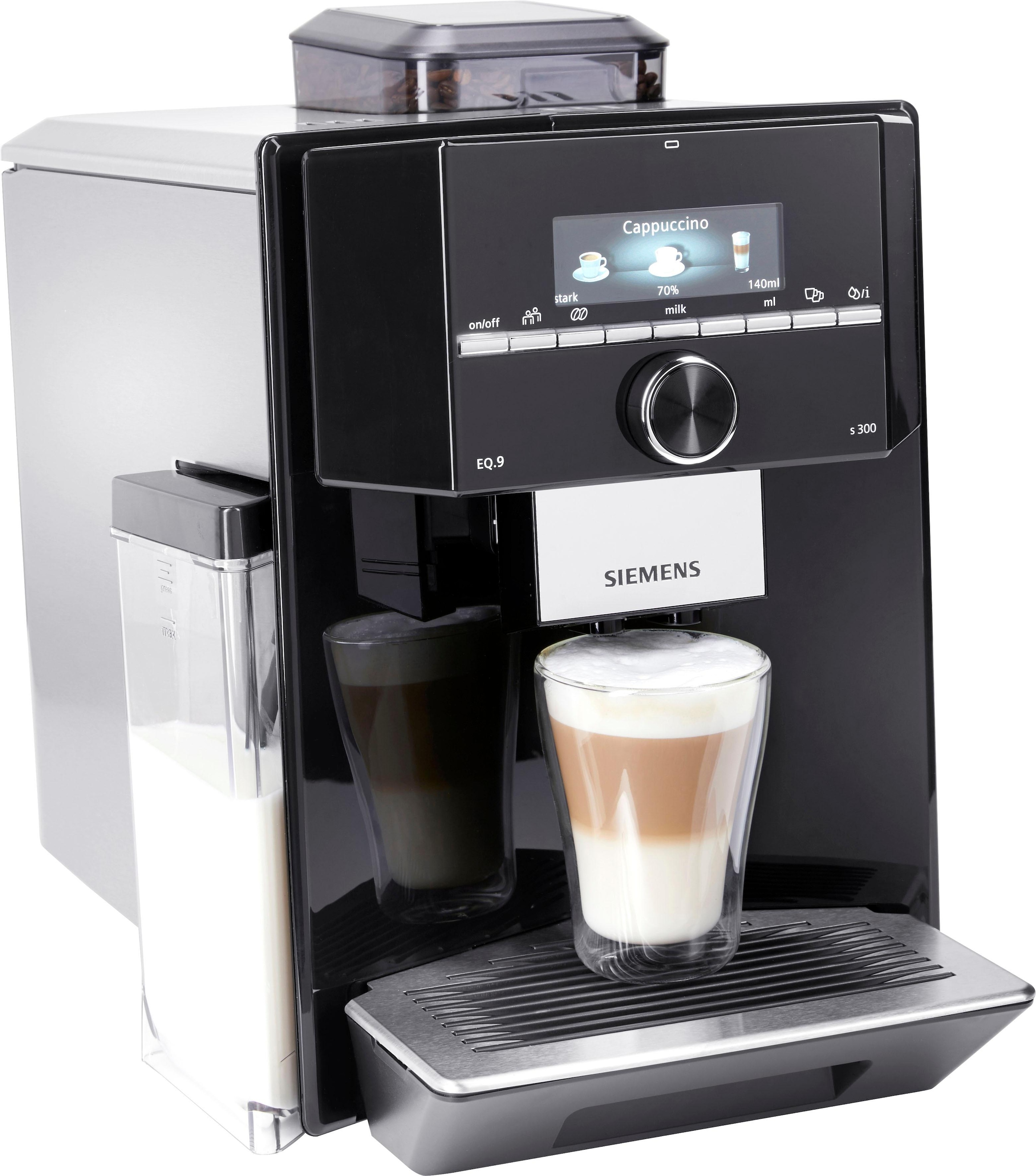 SIEMENS Kaffeevollautomat »EQ.9 s300 TI923509DE, schwarz/Edelstahl«, extra leise, autom. Milchsystem-Reinigung, bis zu 6 Profile