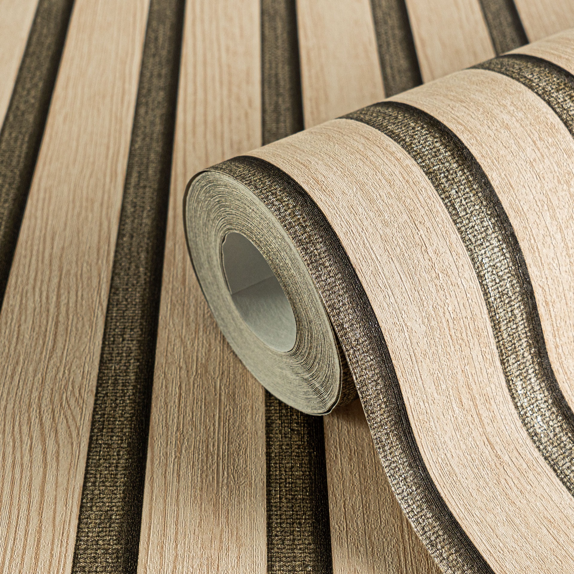 A.S. Création Vliestapete »50 Jahre AS Holzpaneele Tapete Holzoptik mit Metallic-Effekt 3D«, leicht glänzend, Vliestapete Wandpaneele für Schlafzimmer Küche Wohnzimmer Holzpaneele