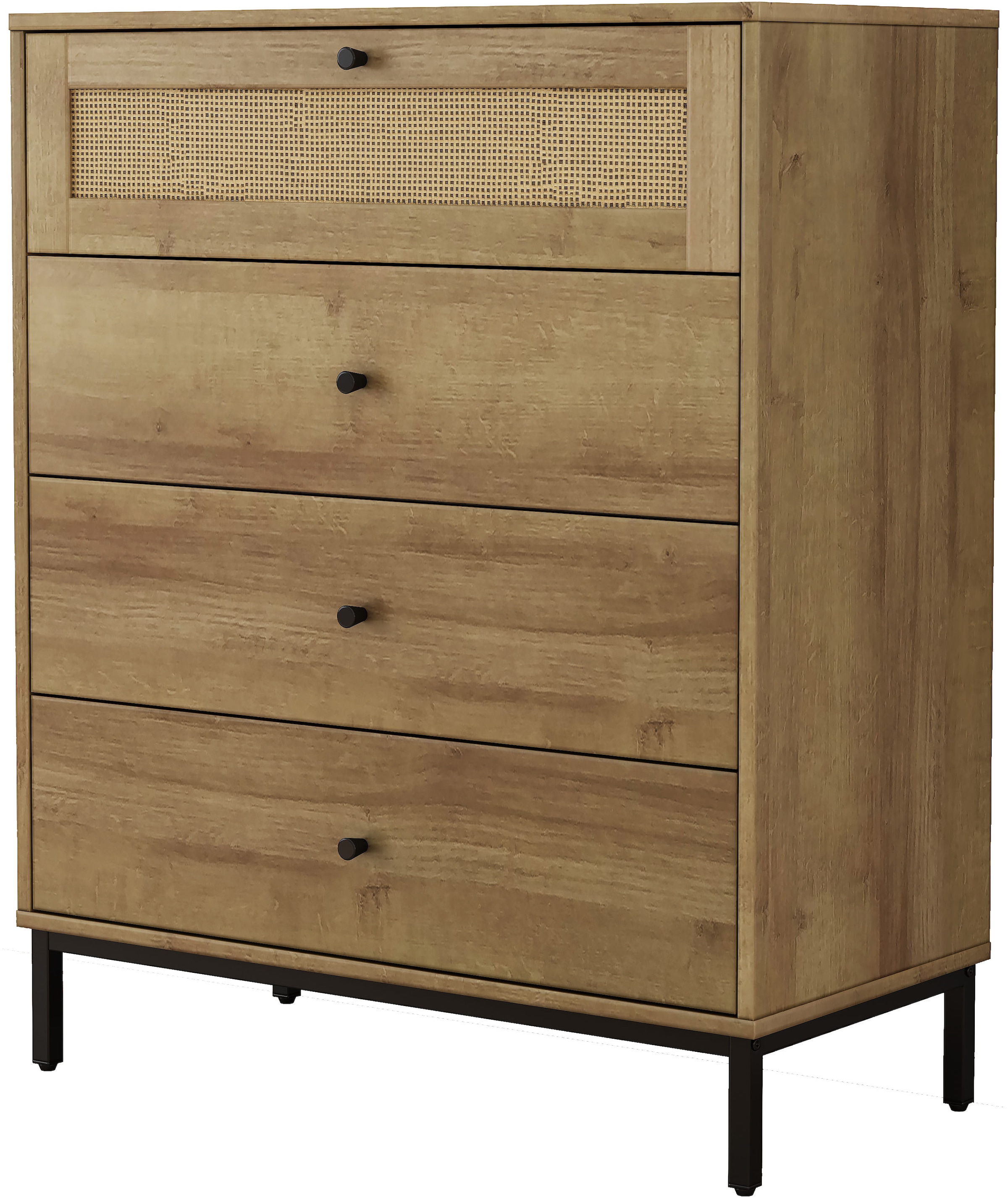 OTTO home Kombikommode »Motala Sideboard Wäscheschrank im BOHO Design Bestseller Kommode« Eichen-Design mit Geflecht Schublade und schwarzen Griffen, 