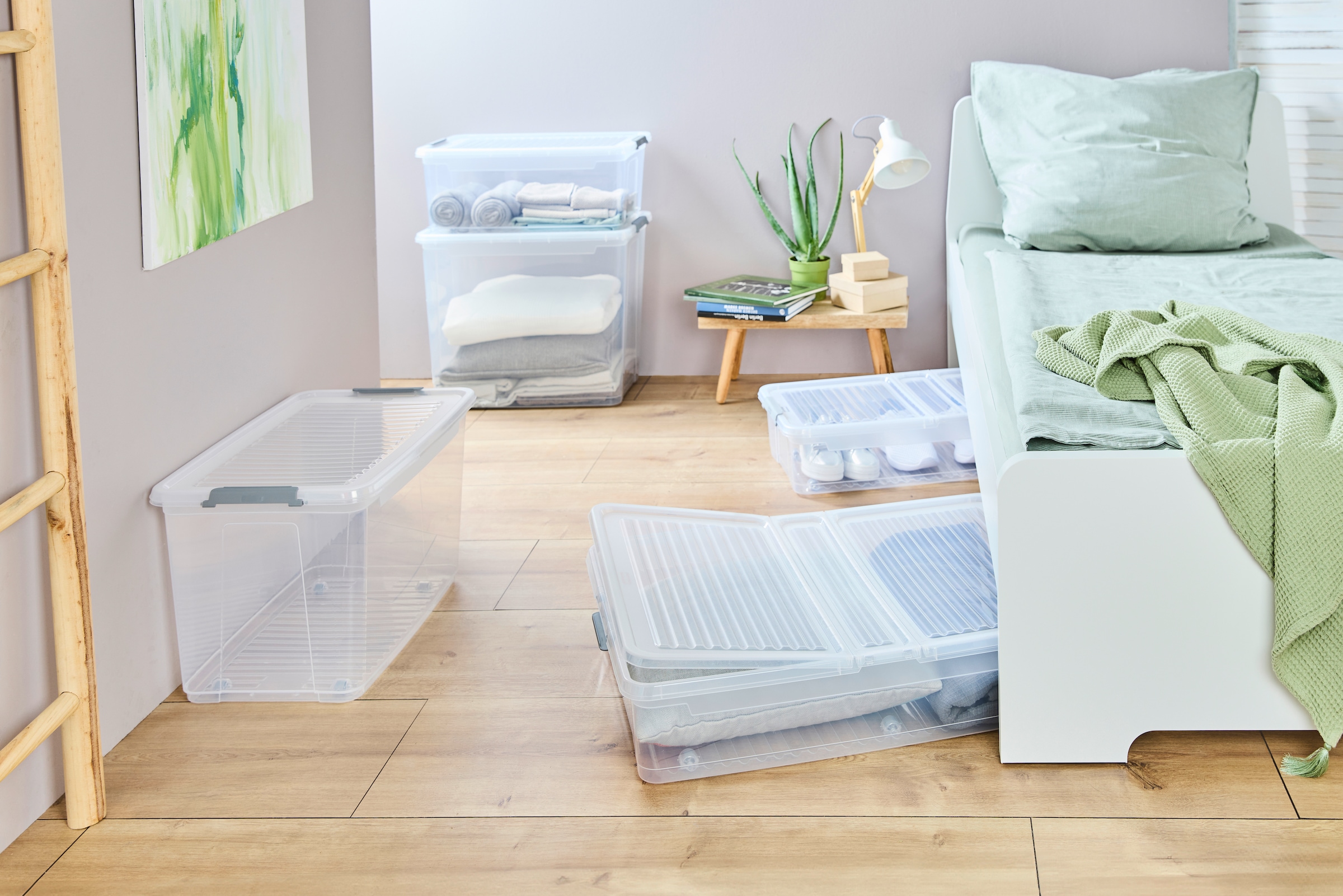 keeeper Aufbewahrungsbox »Clipbox Leo (Set 4 St.) 37 L, 59 x 38 x 24 cm« Schanierclips, Doppelöffnung, 90° drehbare Räder, fixierbarer Deckel