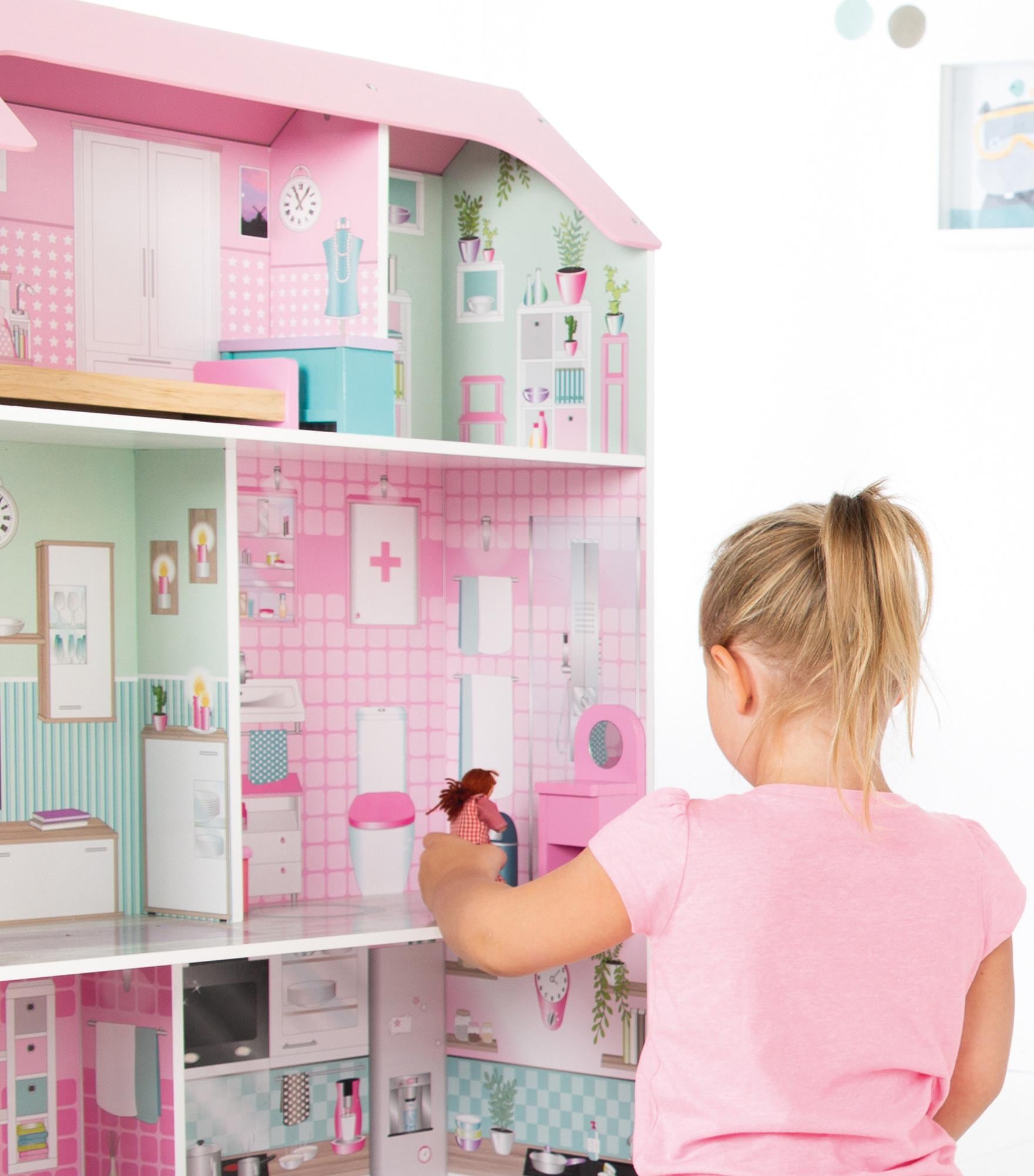 roba® Spielküche »Holzspielzeug, 2-in-1, rosa«, mit mehrstöckigem Puppenhaus  online kaufen