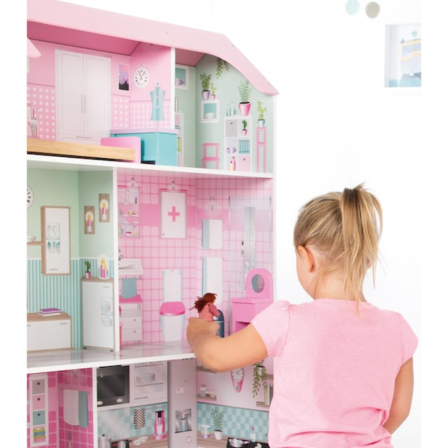 roba® Spielküche »Holzspielzeug, 2-in-1, rosa«, mit mehrstöckigem Puppenhaus  online kaufen