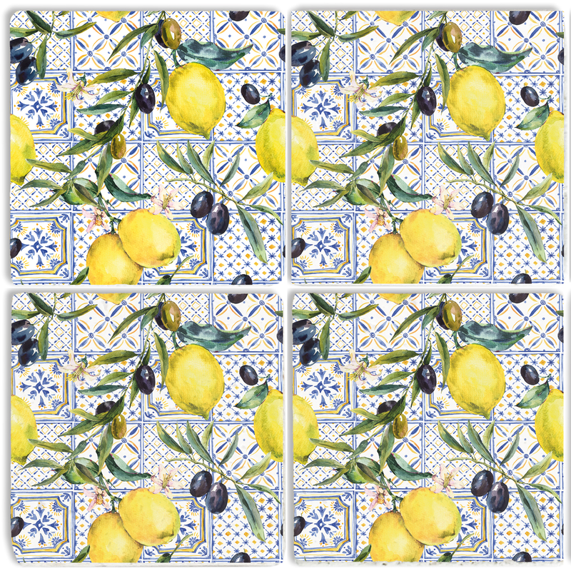 QUEENCE Getränkeuntersetzer »Zitronen Motiv Fliesen Steine« Zitronen Set Topfuntersetzer Naturstein Untersetzer 10x10x1cm blau