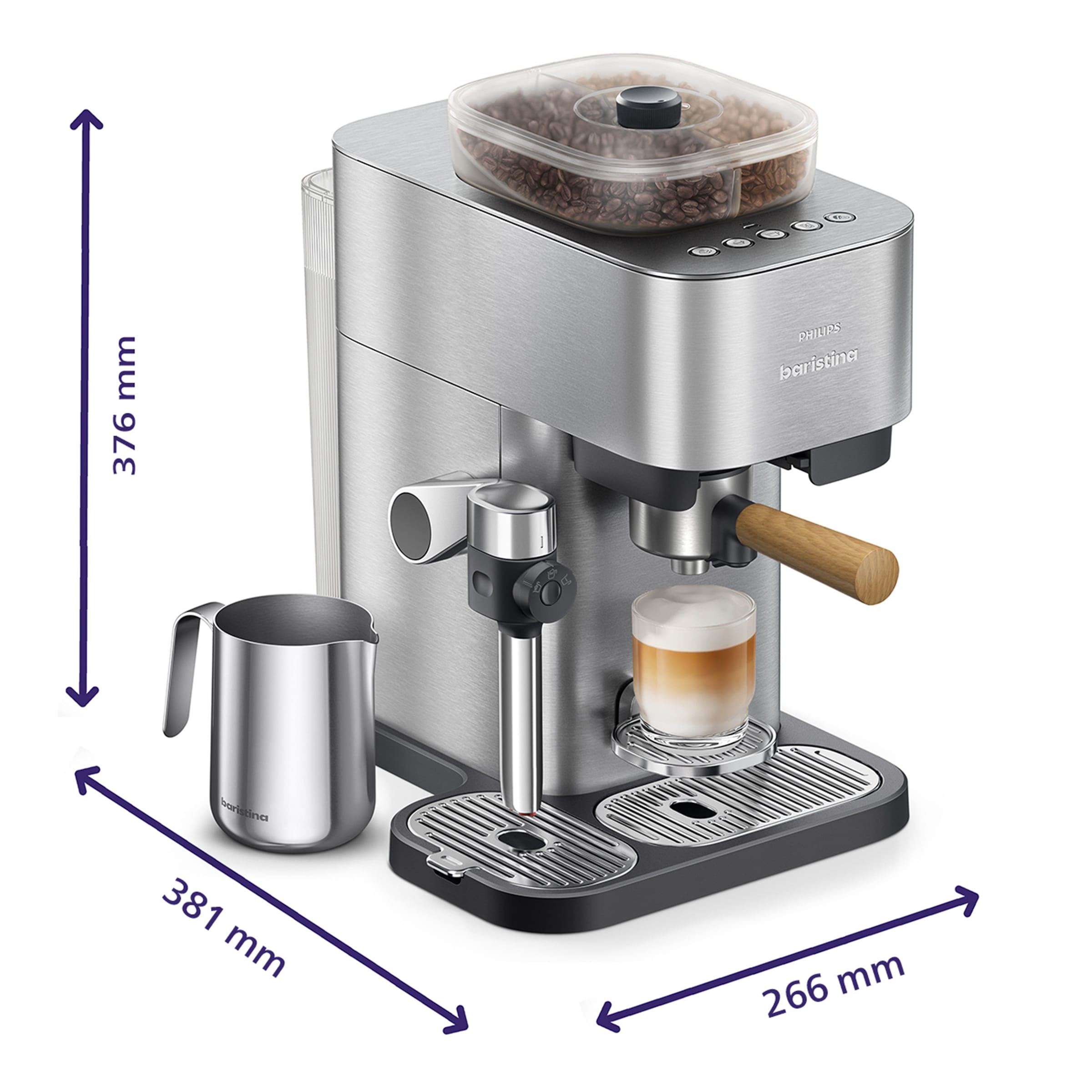 PHILIPS baristina Espressomaschine »Latte Plus BAR700/00 mit Mahlwerk für ganze Bohnen« automatische Milchdüse, 16 bar Pumpendruck, Edelstahl/Eschenholz
