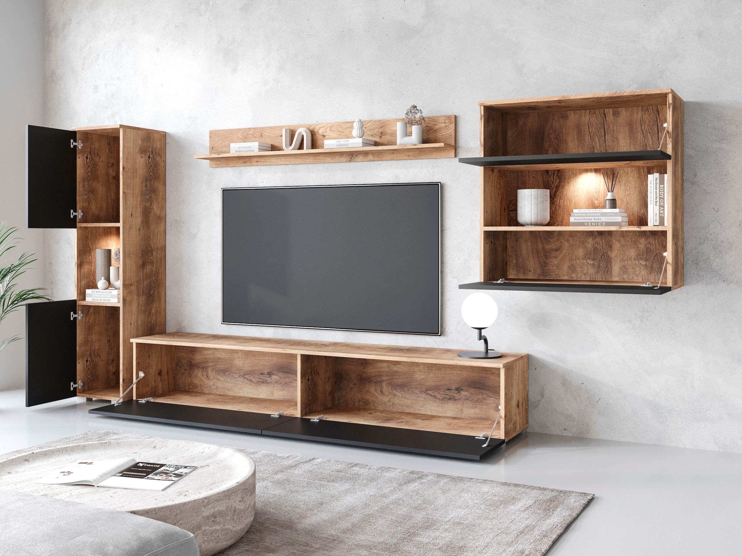 INOSIGN Wohnwand »PARIS«, (Komplett-Set, 4 St.), TV-Wand 300cm breite, grifflose Design, stehend und hängend montierbar