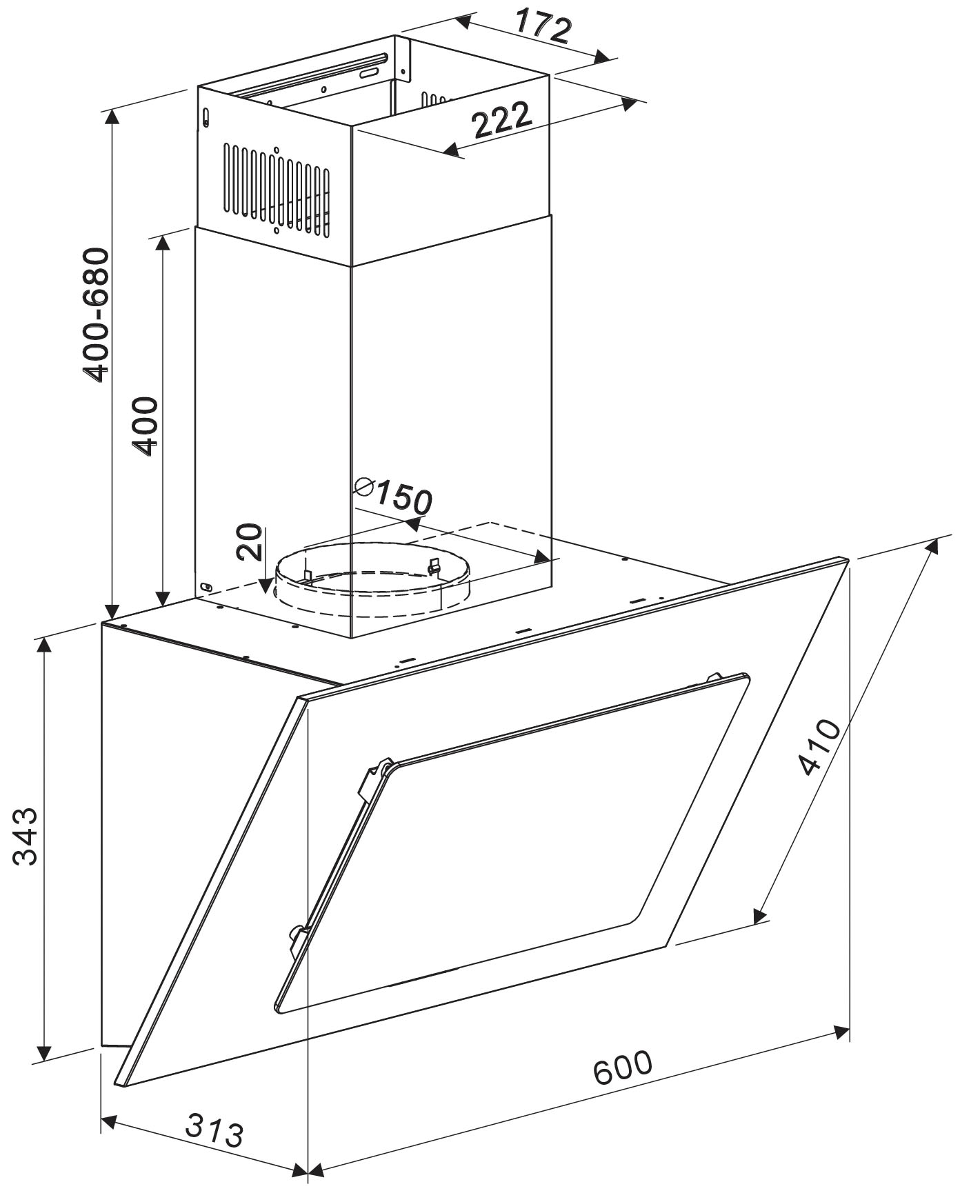 RESPEKTA Kopffreihaube »CH2060«, 60 cm, 3 Leistungsstufen, LED-Beleuchtung, Ab- und Umluftfähig