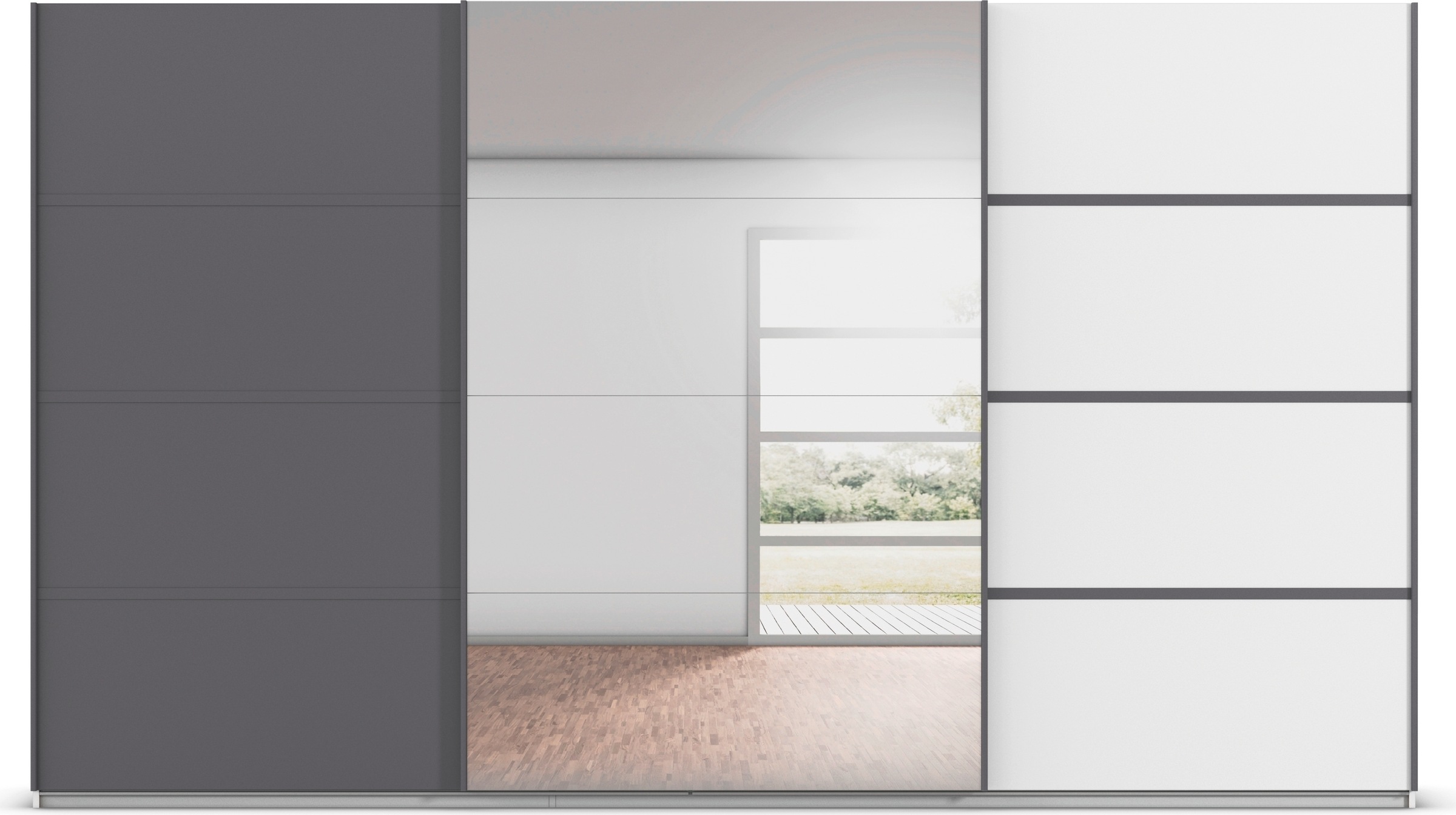 rauch Kleiderschrank »Schwebetürenschrank Garderobe Schrank TOP ANGEBOT Avola«, (in 3 verschiedenen Ausstattungen BASIC/CLASSIC/PREMIUM inkl. Spiegel), mit eleganten Zierleisten in Chrom, Schwarz oder Weiß MADE IN GERMANY