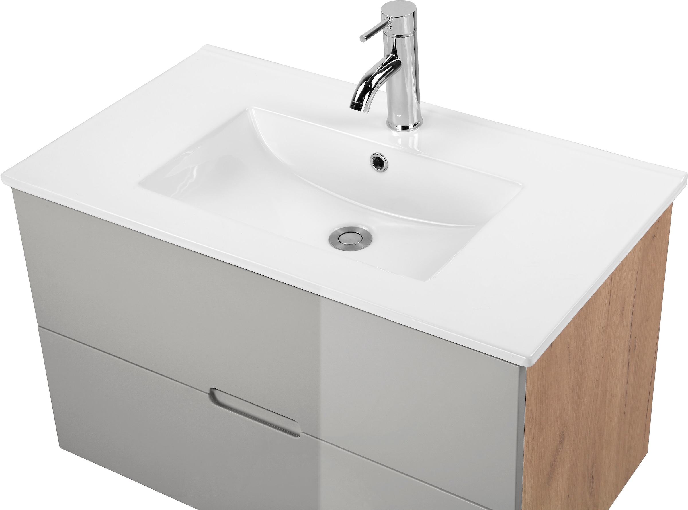 welltime Badmöbel-Set »Lund Badmöbel Set Badschrank Badezimmerset«, (Komplett-Set, 3 St.), Waschtisch, Spiegelschrank und Becken Breite 80cm
