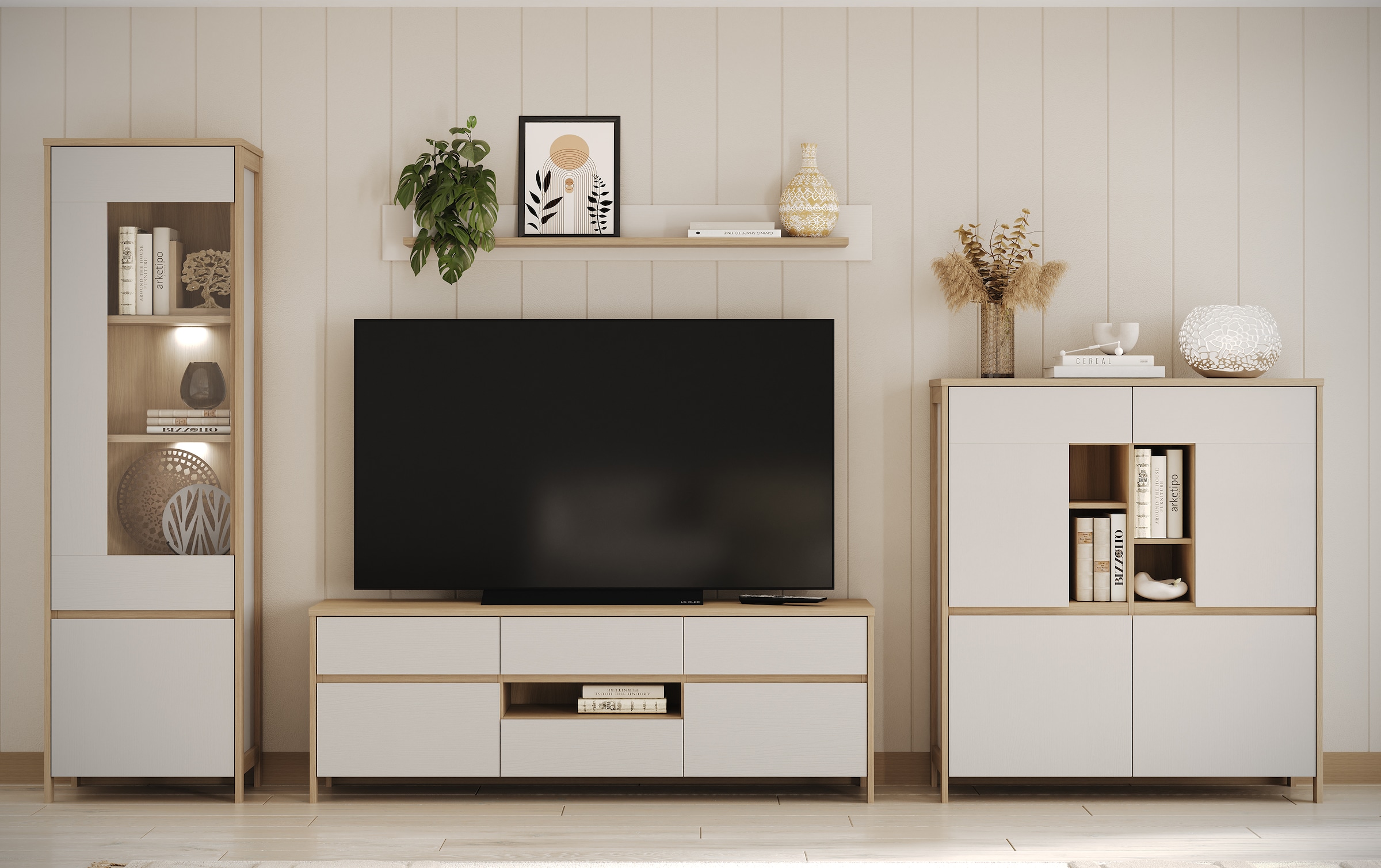 Home affaire Wohnwand »Stranda, moderne Anbauwand, Komplettset im Scandi-Style«, (4 St.), enthält Vitrine, Lowboard, Highboard und Wandboard, 364 cm breit