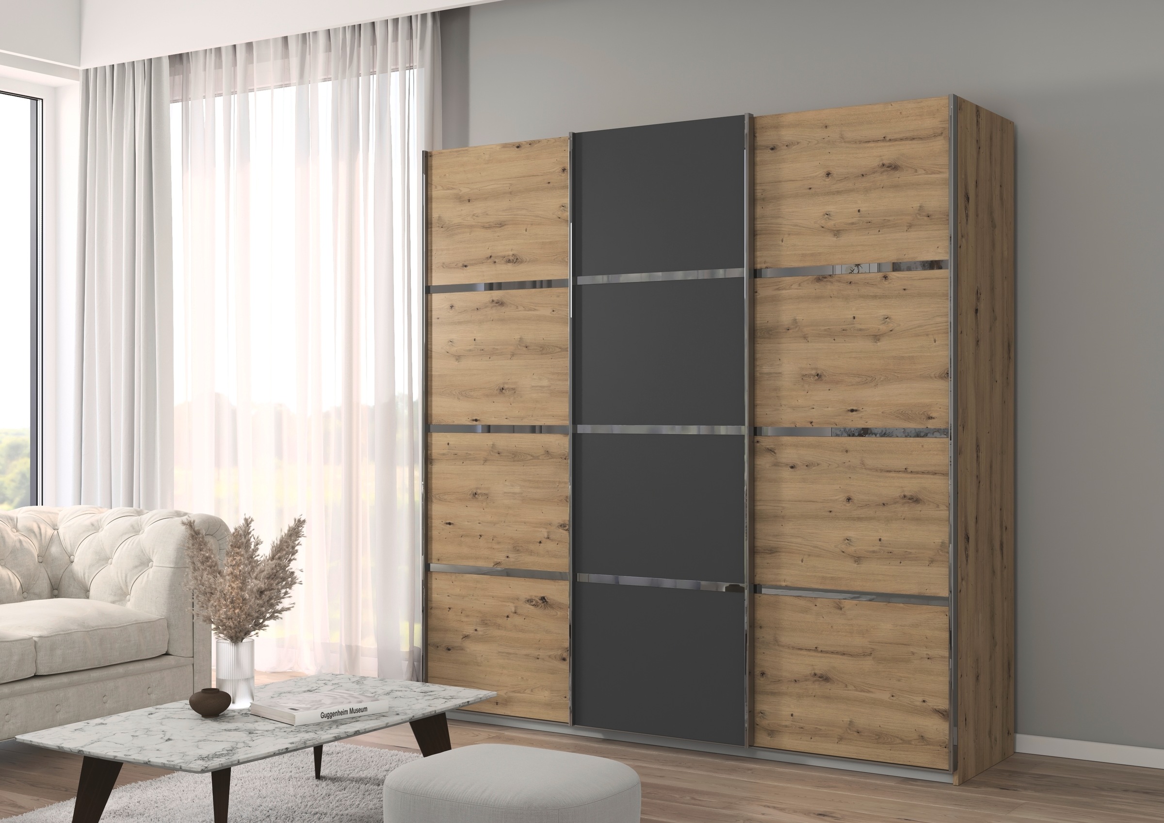 rauch Kleiderschrank »Schwebetürenschrank Garderobe Schrank TOP ANGEBOT Avola«, (in 3 verschiedenen Ausstattungen BASIC/CLASSIC/PREMIUM), mit eleganten Zierleisten in Chrom, Schwarz oder Weiß MADE IN GERMANY